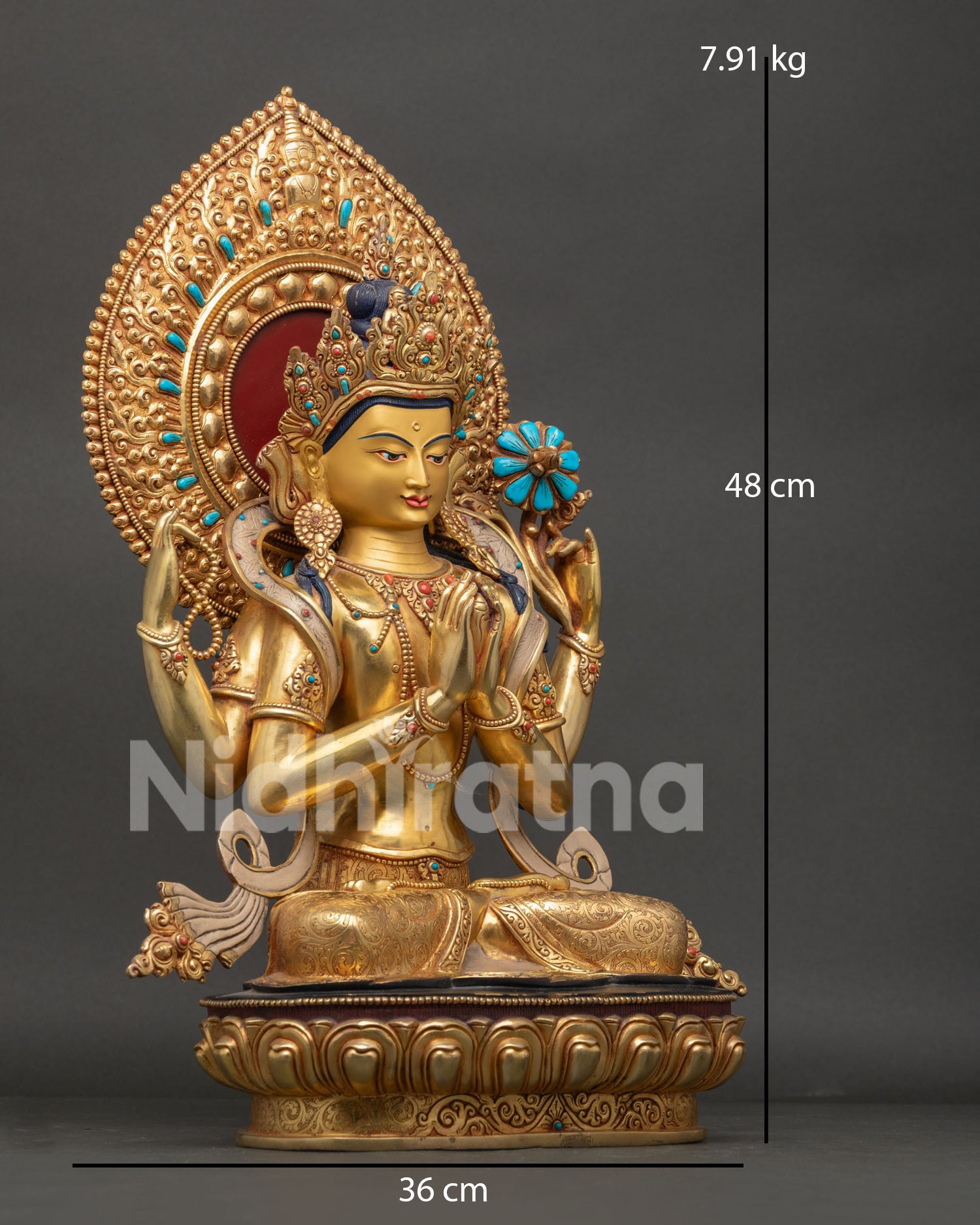 Right View of Chenrezig Statue with Four Arms and Lotus Throne