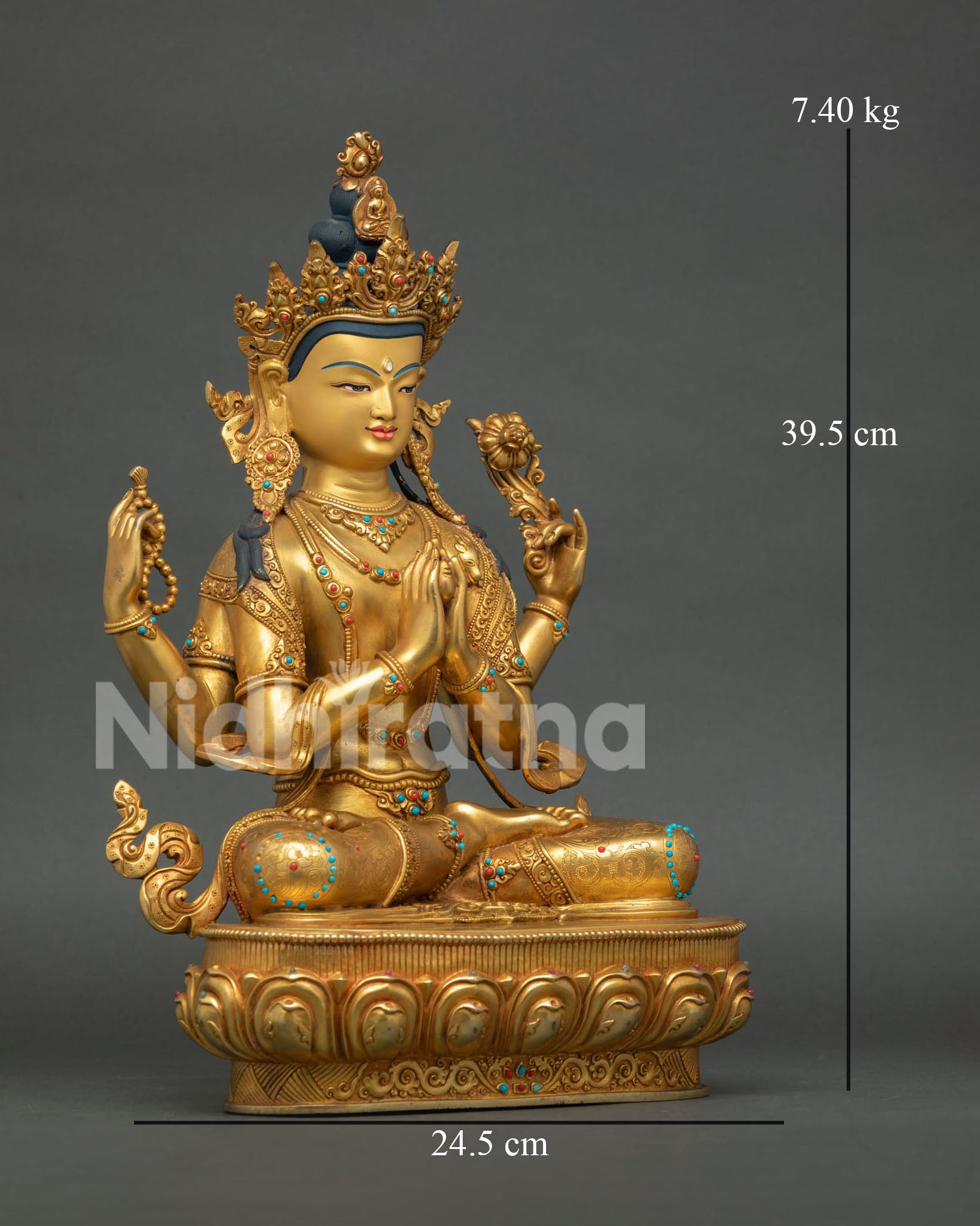 Right view of Four-Armed Chenrezig Statue handcrafted in Patan Nepal with lotus pedestal