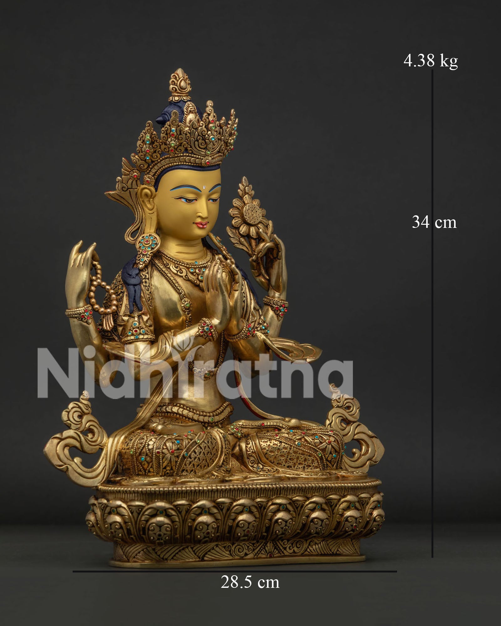 Right View of Handmade Chenrezig Statue with Four Arms and Lotus Throne