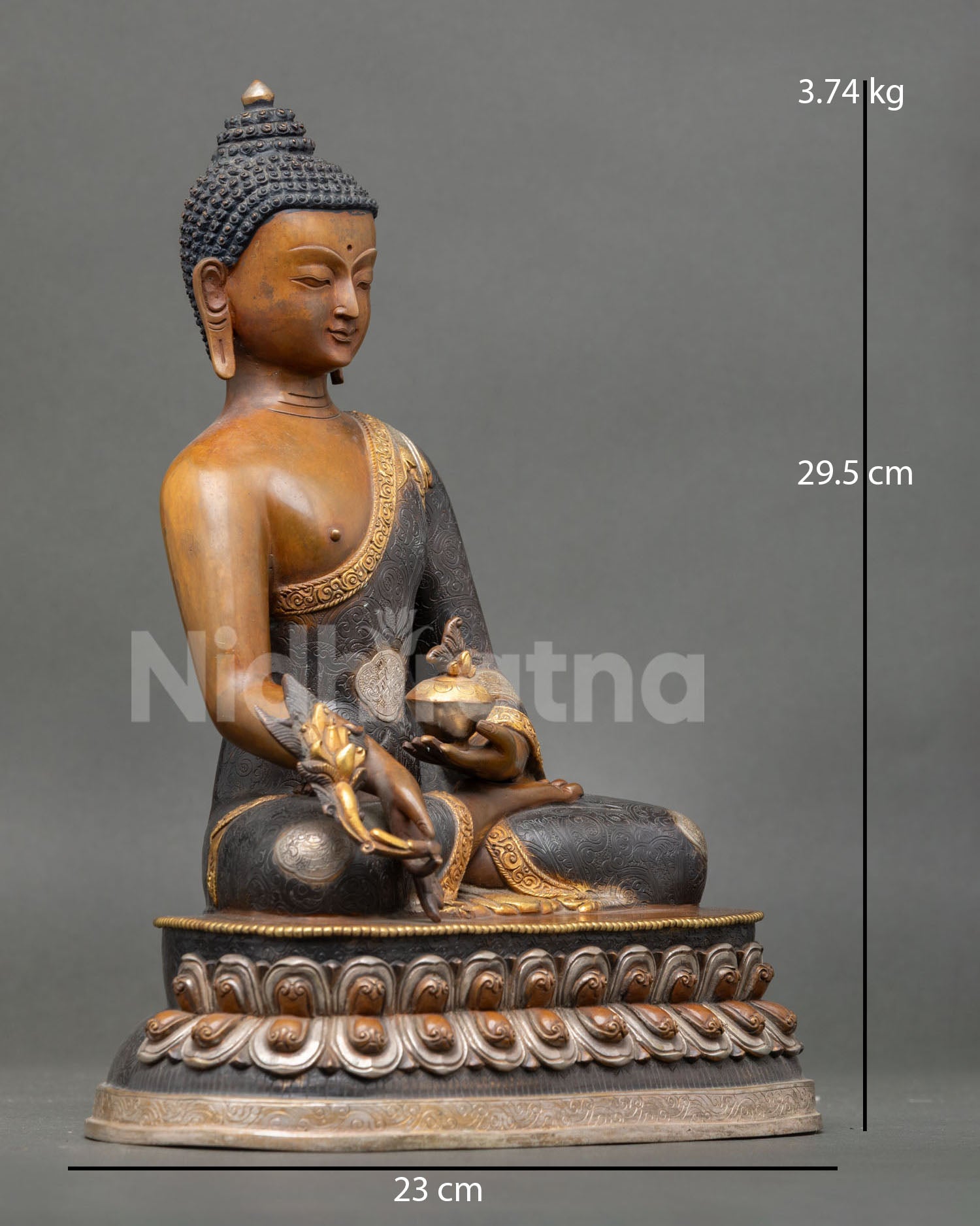 right view of medicine buddha statue holding myrobalan stem and medicine bowl