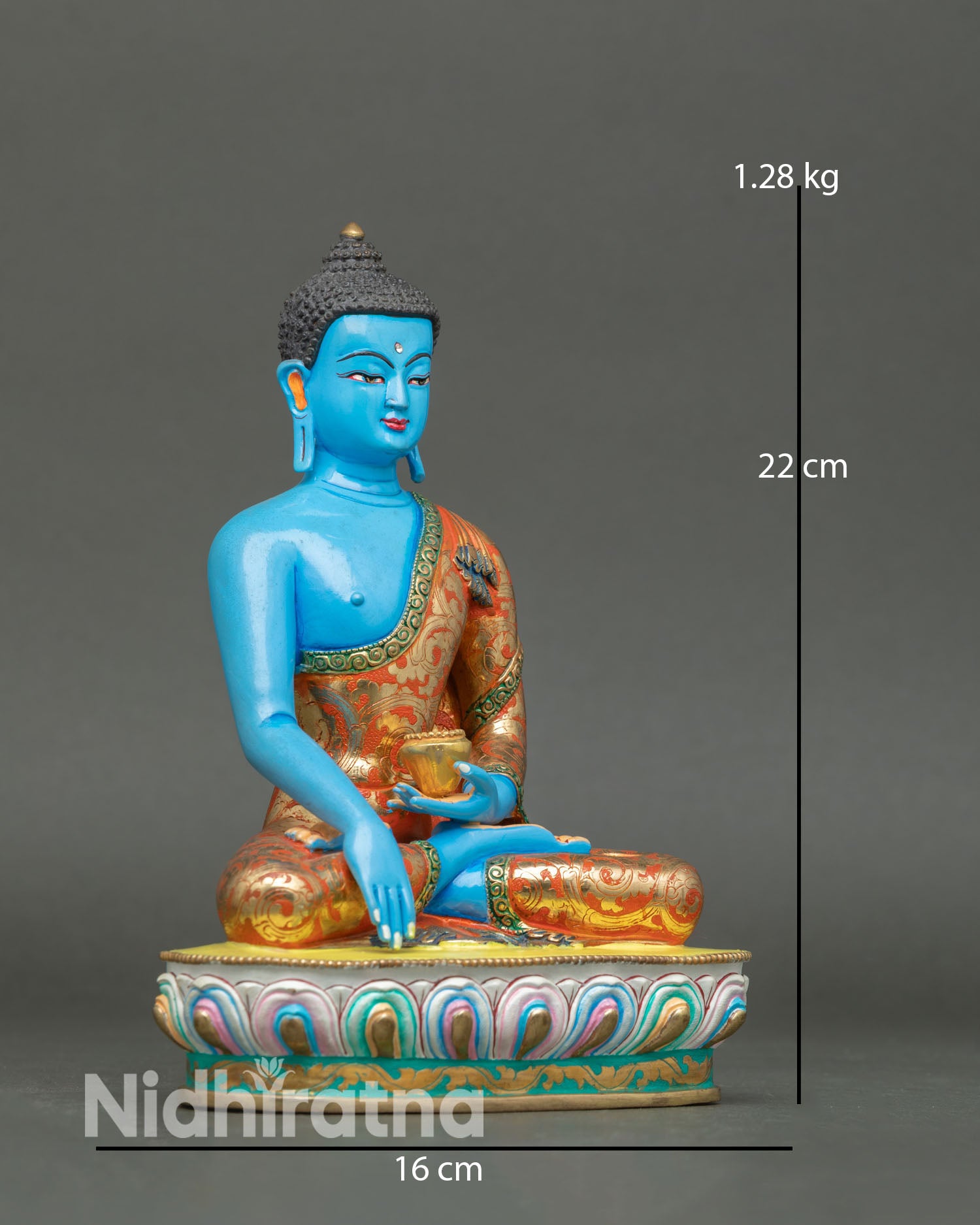 right view of shakyamuni buddha statue holding bowl in bhumisparsa mudra posture