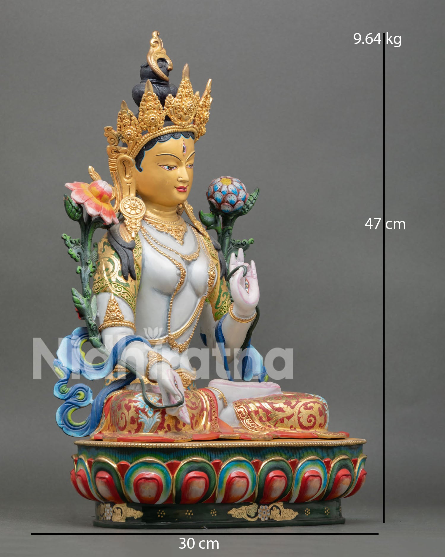 right view of white tara statue with gold gilded copper craftsmanship
