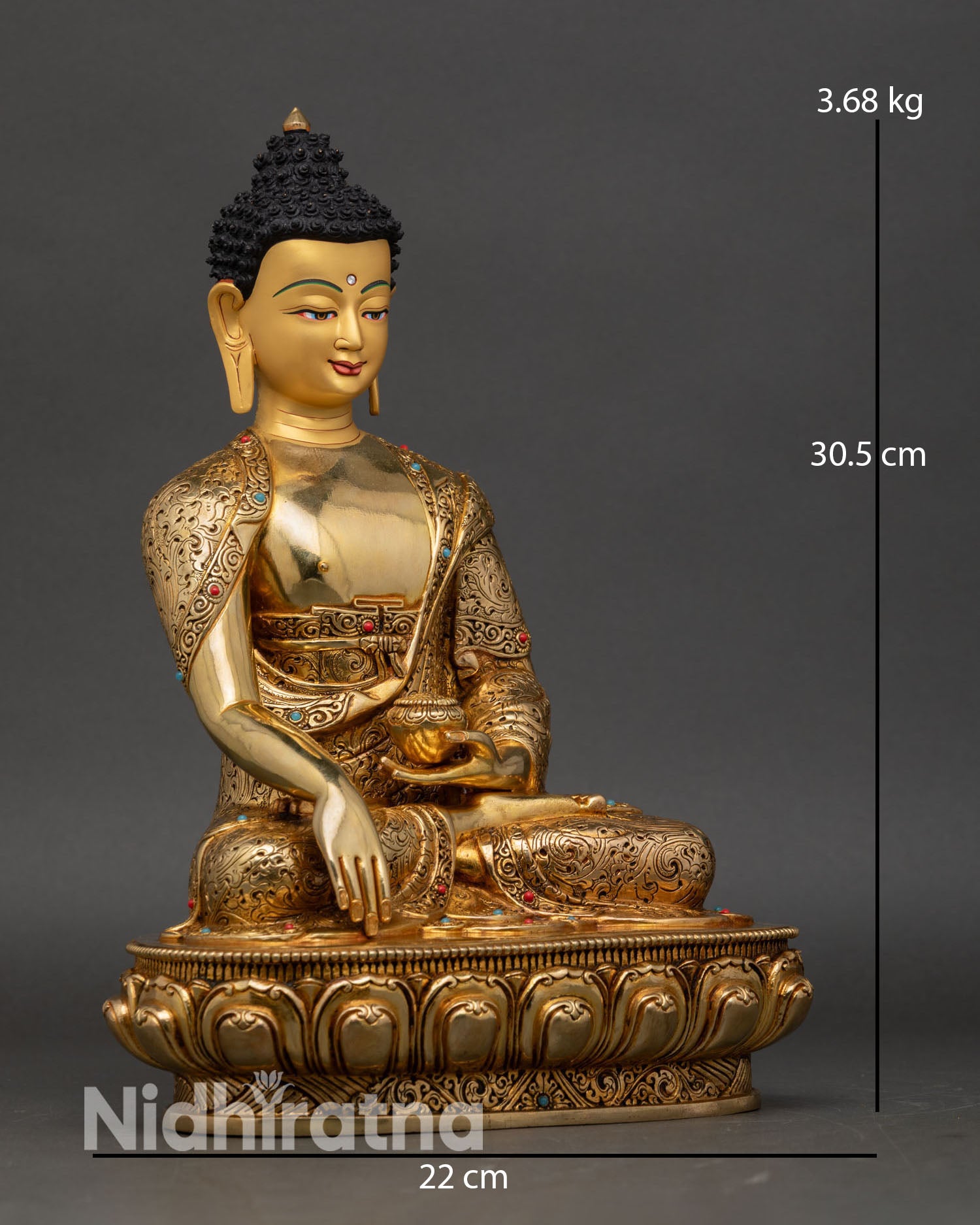 Right view Shakyamuni Buddha statue, handcrafted Nepalese gold gilded artwork