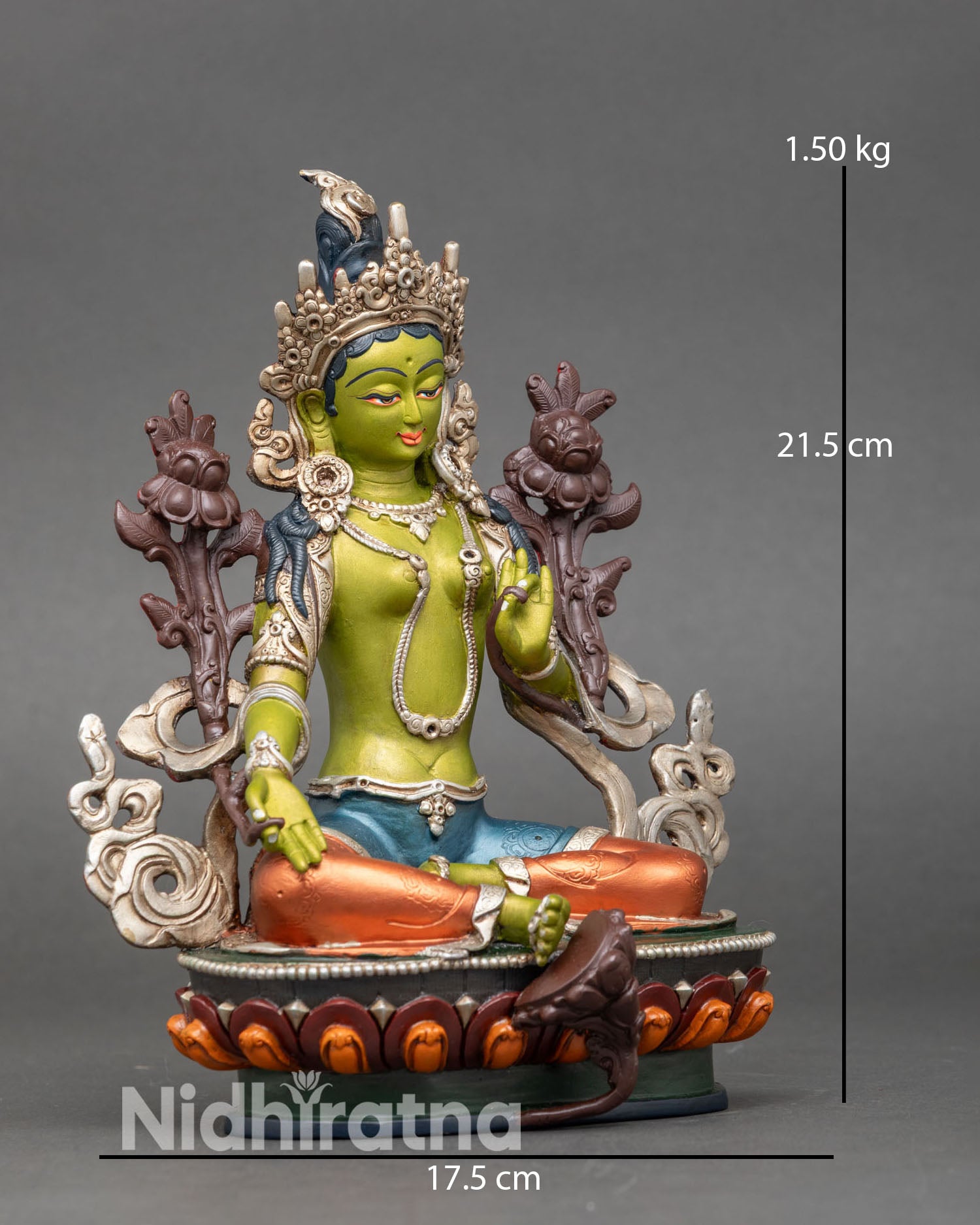 Right side view of Green Tara statue, handcrafted Nepalese spiritual decor