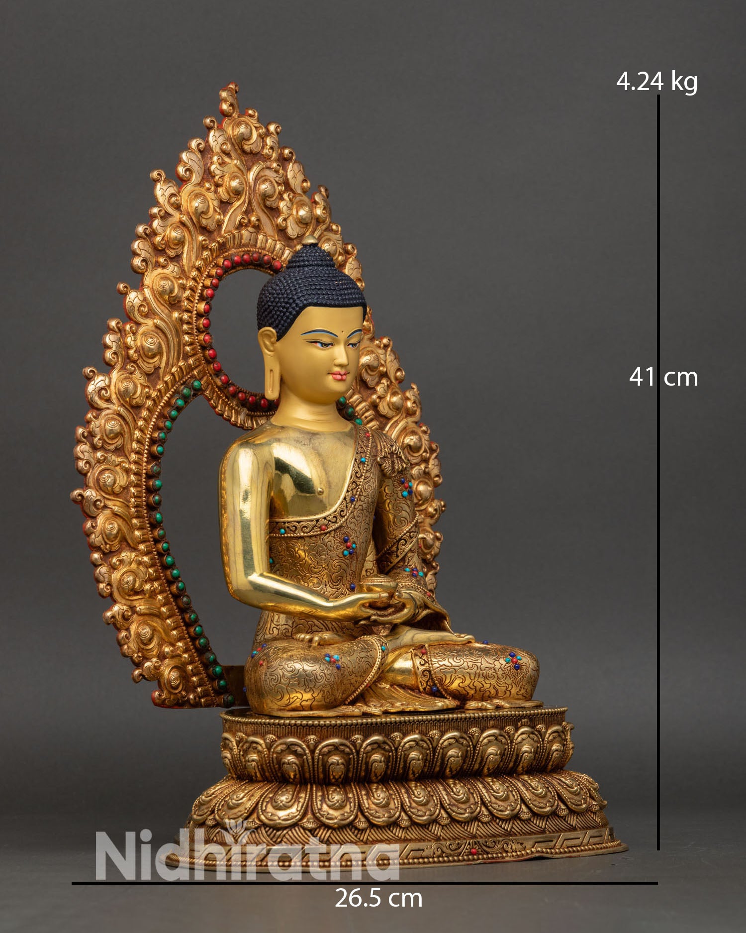 right view side of amitabha buddha statue, handcrafted nepalese buddhist artwork