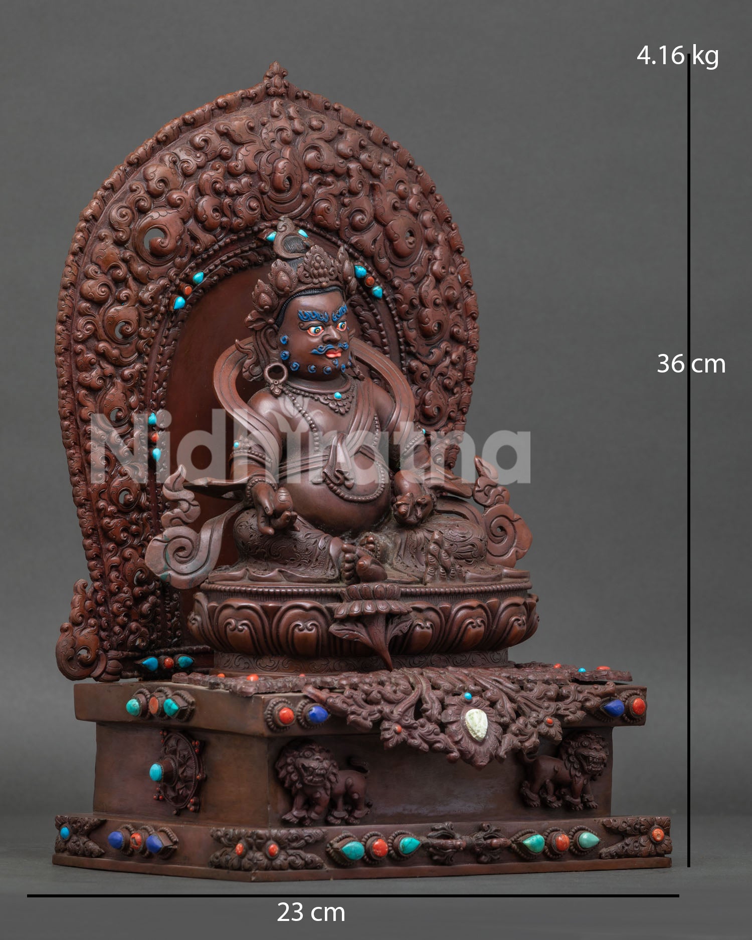right view side of handcrafted Dzambhala statue on ornate lotus and lion throne