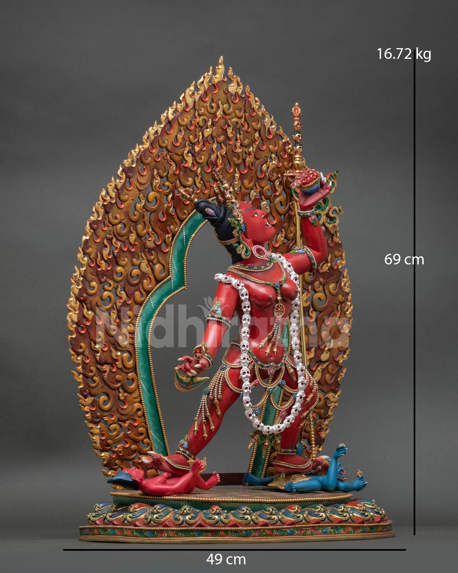 right view side of vajrayogini statue, dynamic posture on prostrate figure nepal