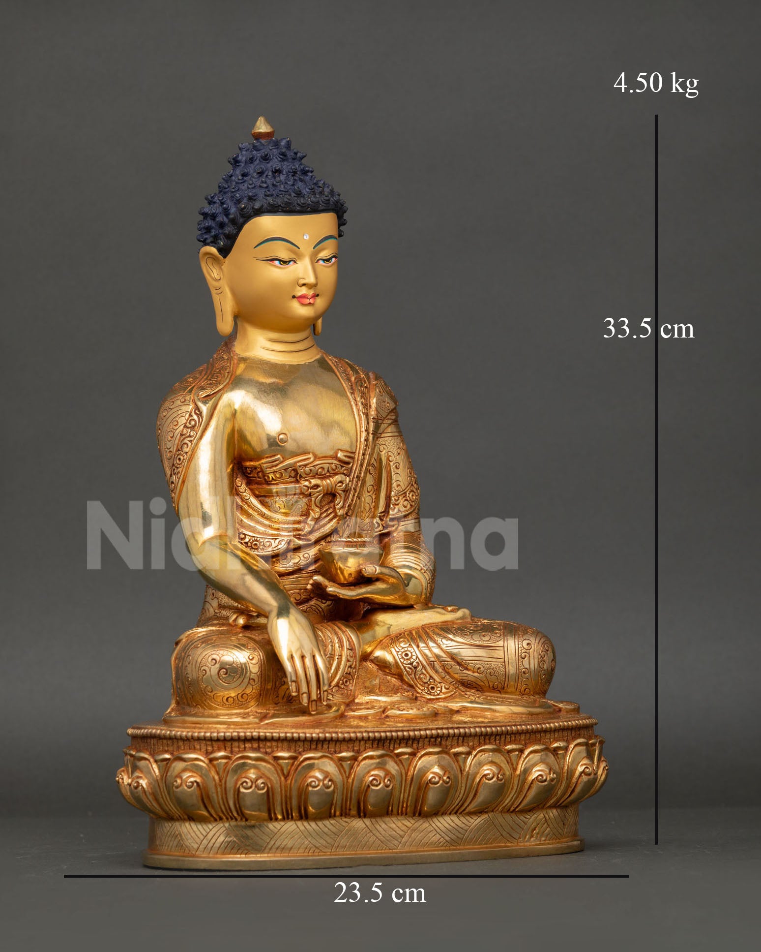 Right View Side Right side Shakyamuni Buddha statue, 24K gold copper, lotus throne detail, Himalayan Buddhist art