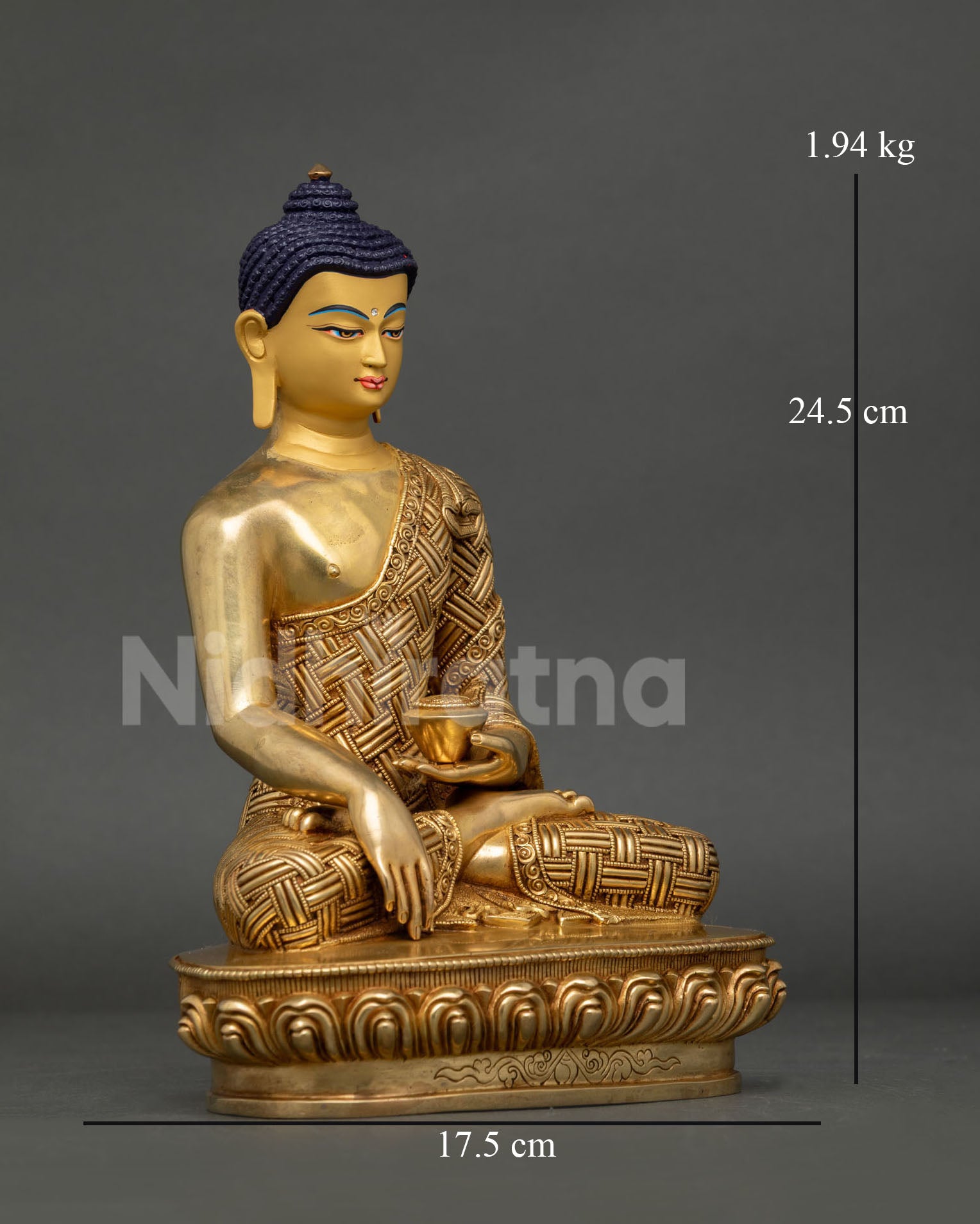 Right-side view of Shakyamuni Buddha statue holding alms bowl on a lotus throne, handcrafted Nepal