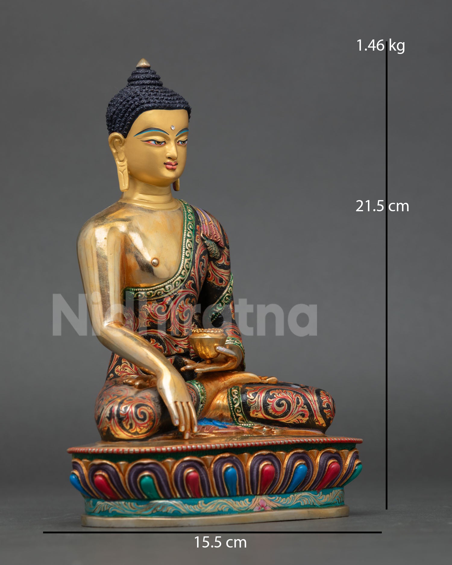 right view side of shakyamuni buddha statue copper gold gilded bhumisparsa mudra lotus seat