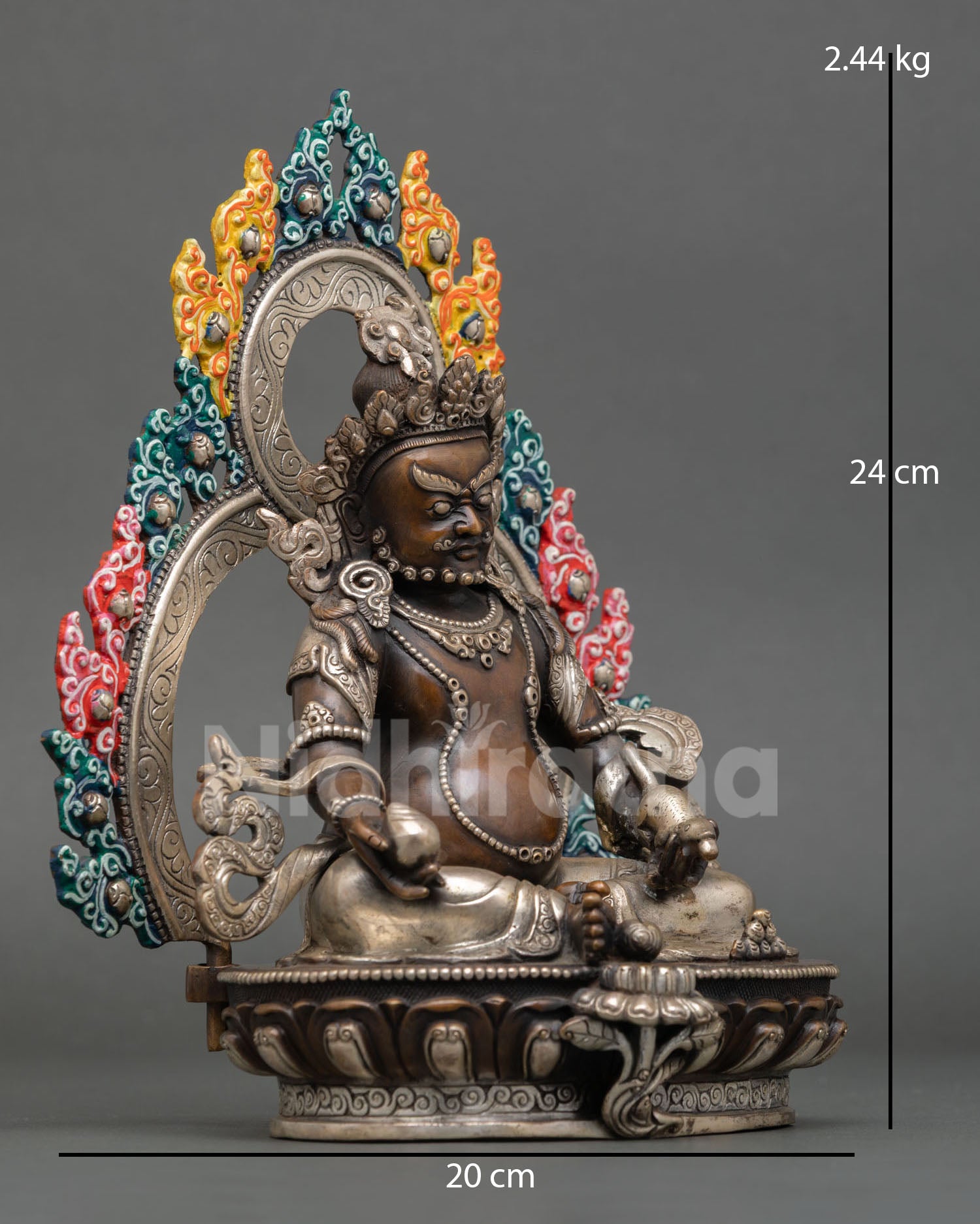 right side view Dzambhala statue, Himalayan wealth deity sculpture from Nepal