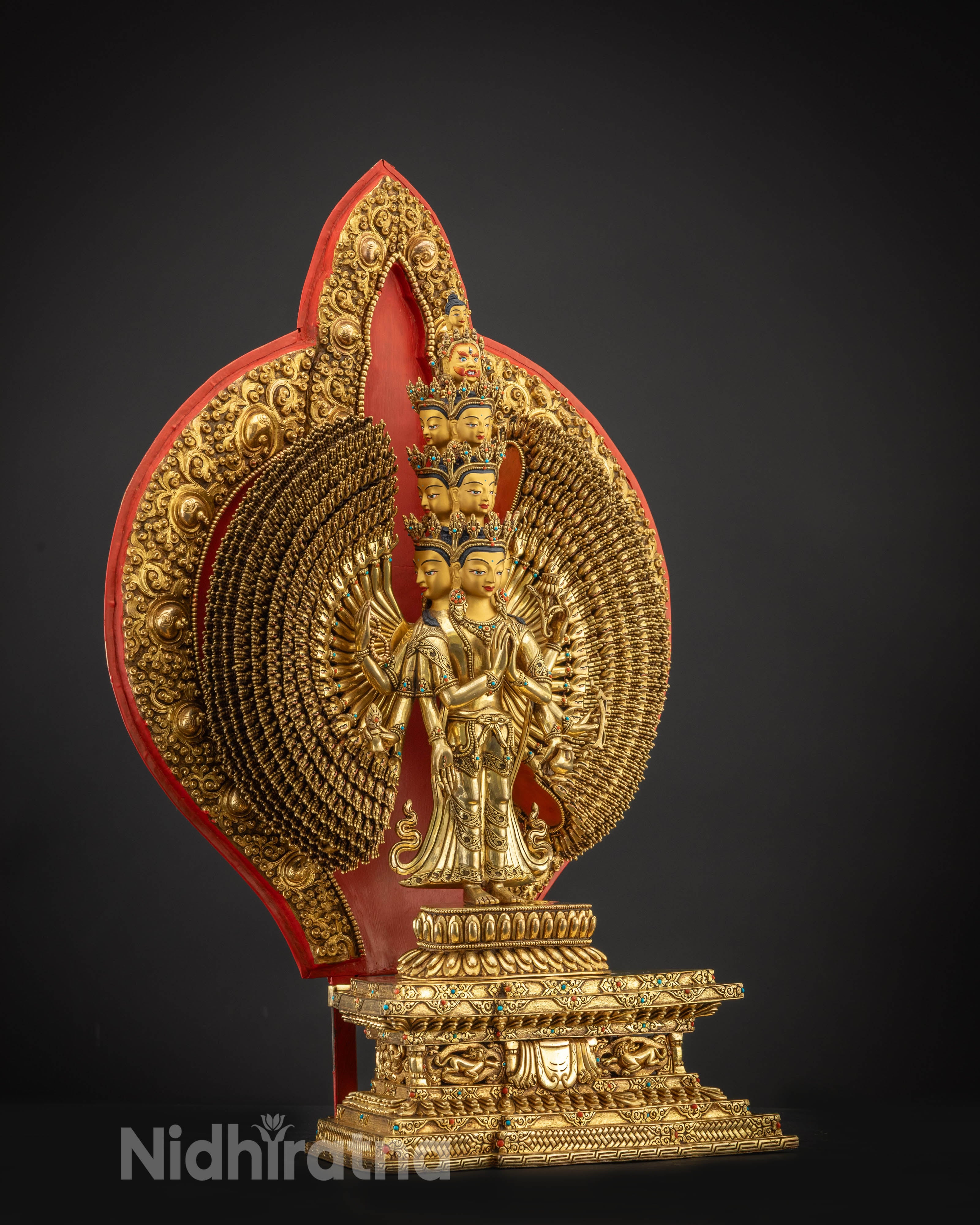 right side view Thousand Armed Avalokiteshvara Chenrezig Statue gold fire gilded body
