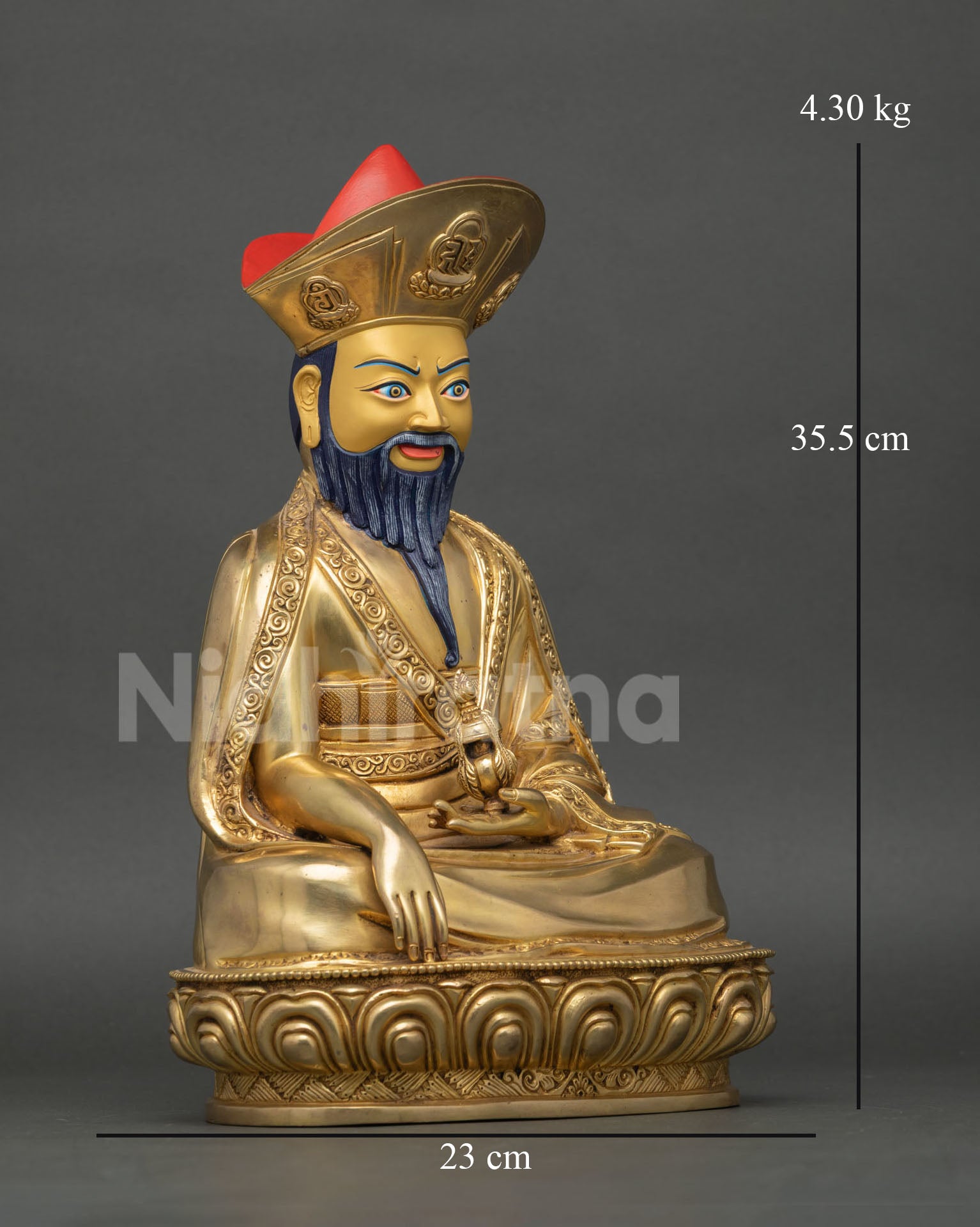 Right side view of Ngawang Namgyal statue with gilded copper craftsmanship