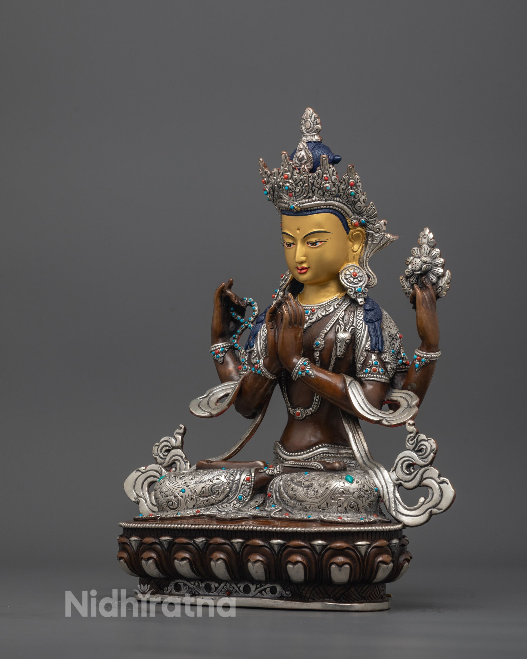right side view of Chenrezig Statue with fully bloomed lotus and gemstone accents