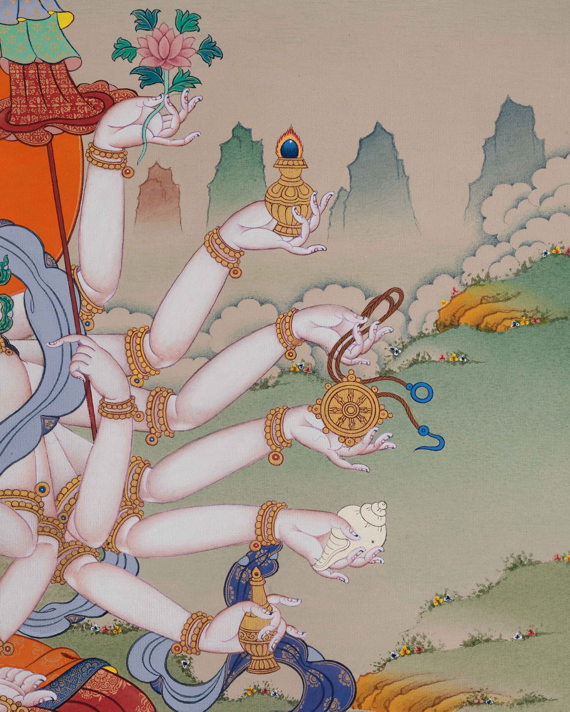 right side view of Chundi thangka print showing sacred objects in extended arms and flowing robe details