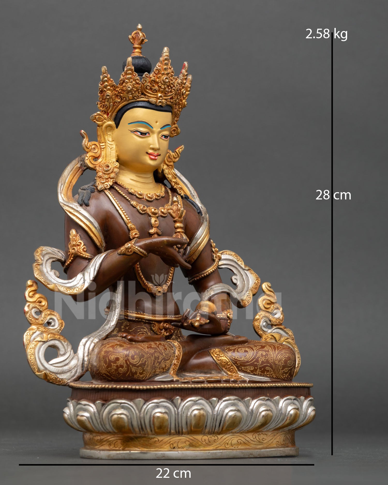 right side view of vajrasattva buddha statue with lotus seat and ritual bell