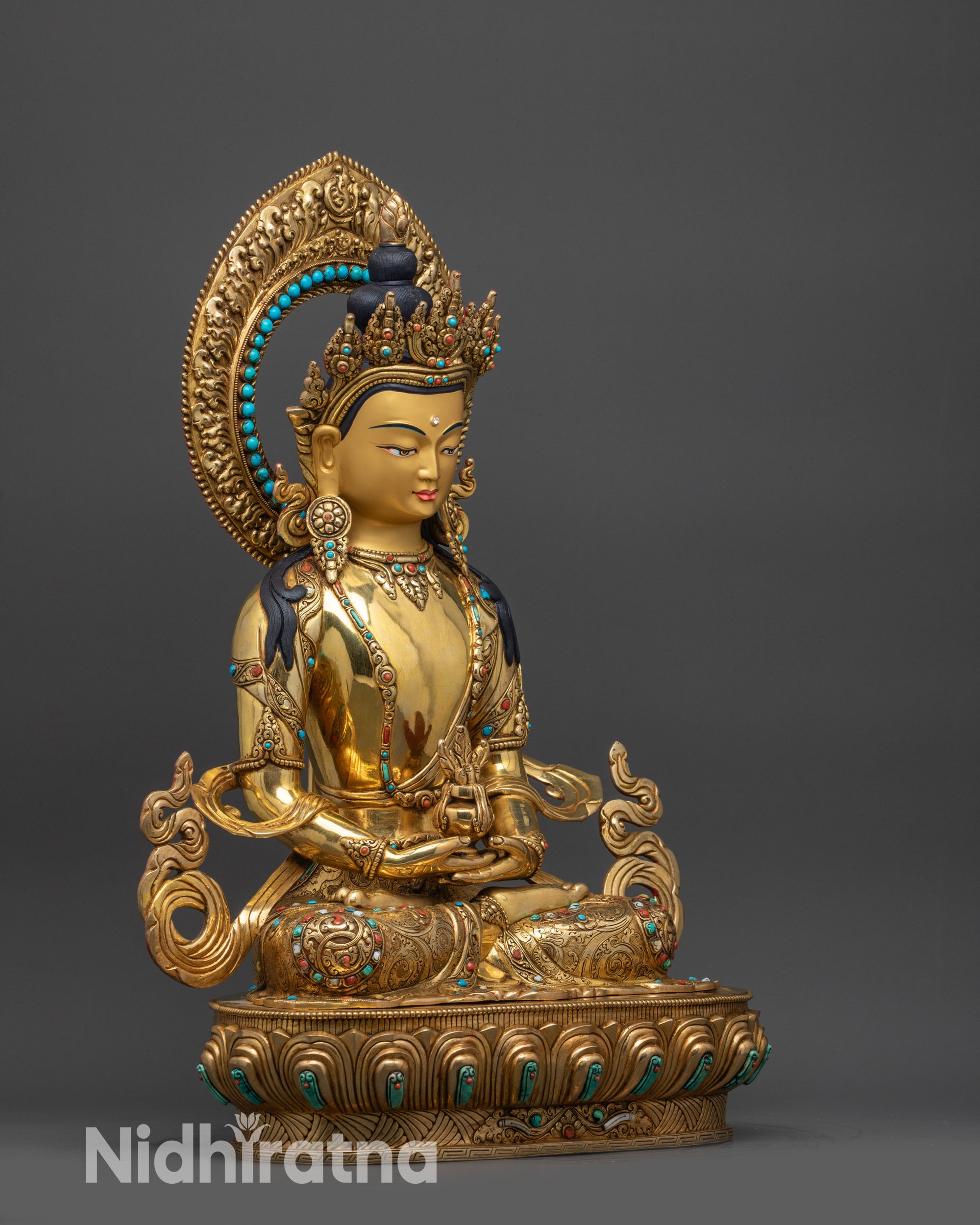right view side Golden Amitayus long-life Buddha on lotus base holding nectar-filled vase