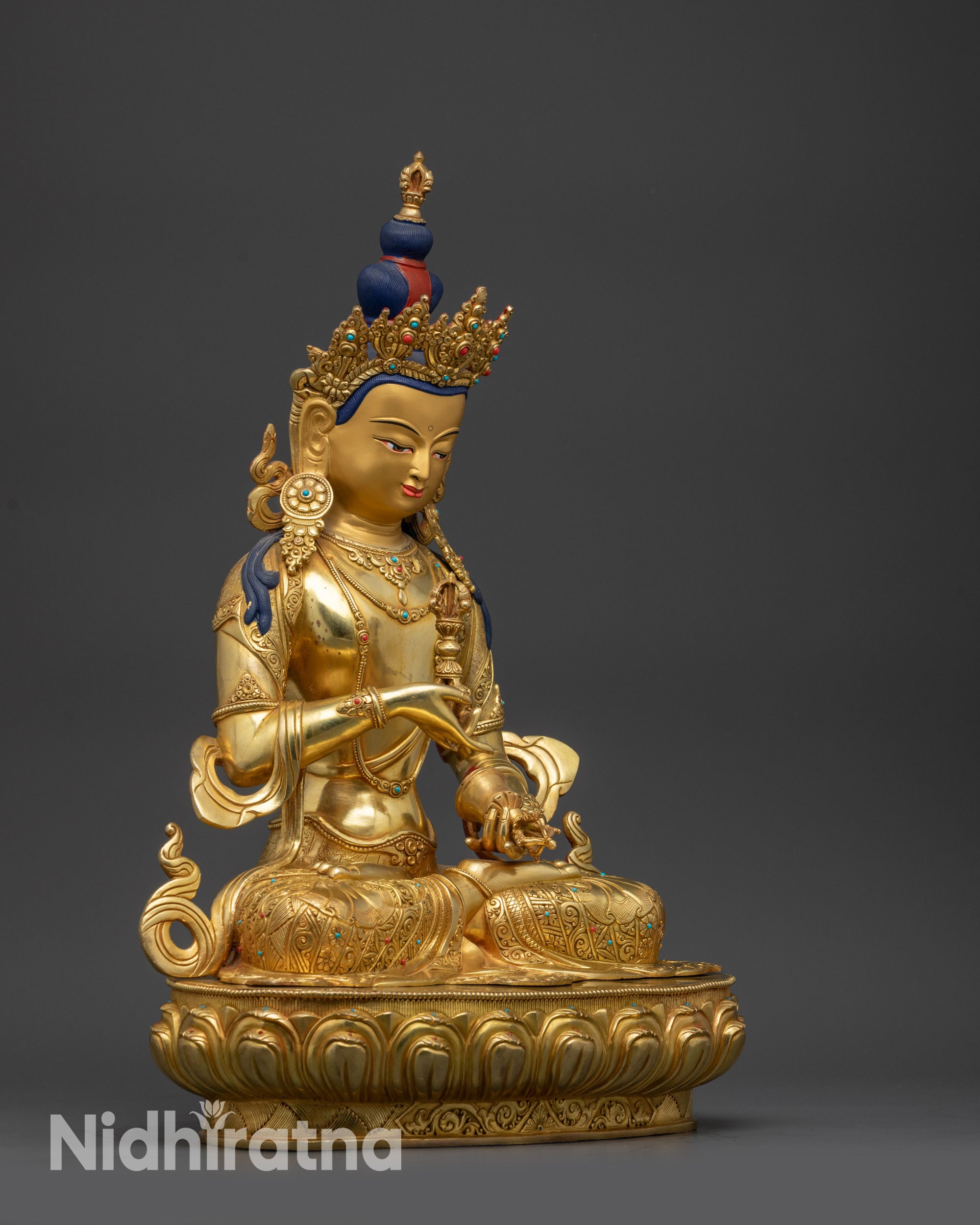 right view side of Vajrasattva Statue with carved lower garment and lotus base