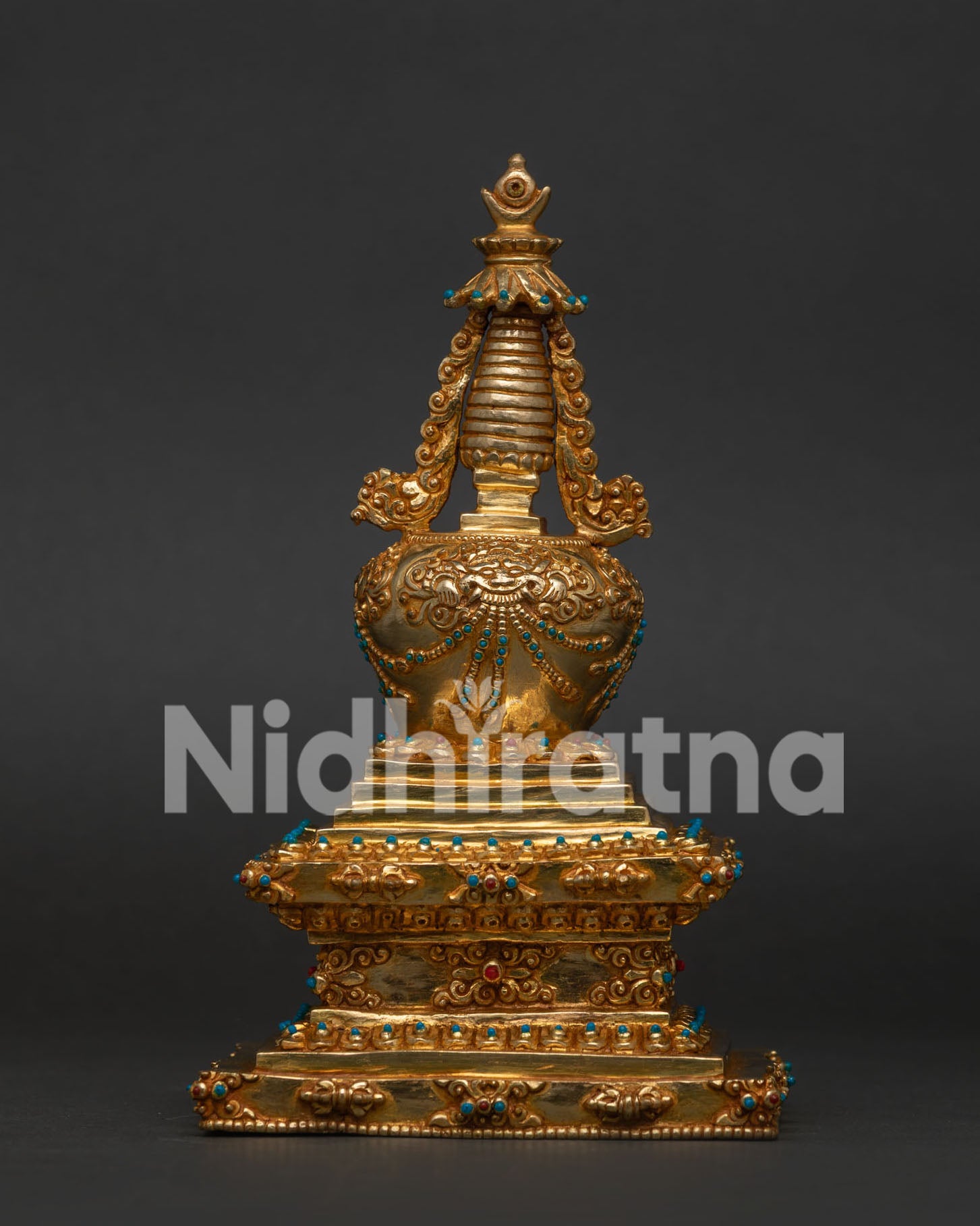 Sacred gold plated Buddha stupa handmade by Newari artisans in Nepal for meditation altar