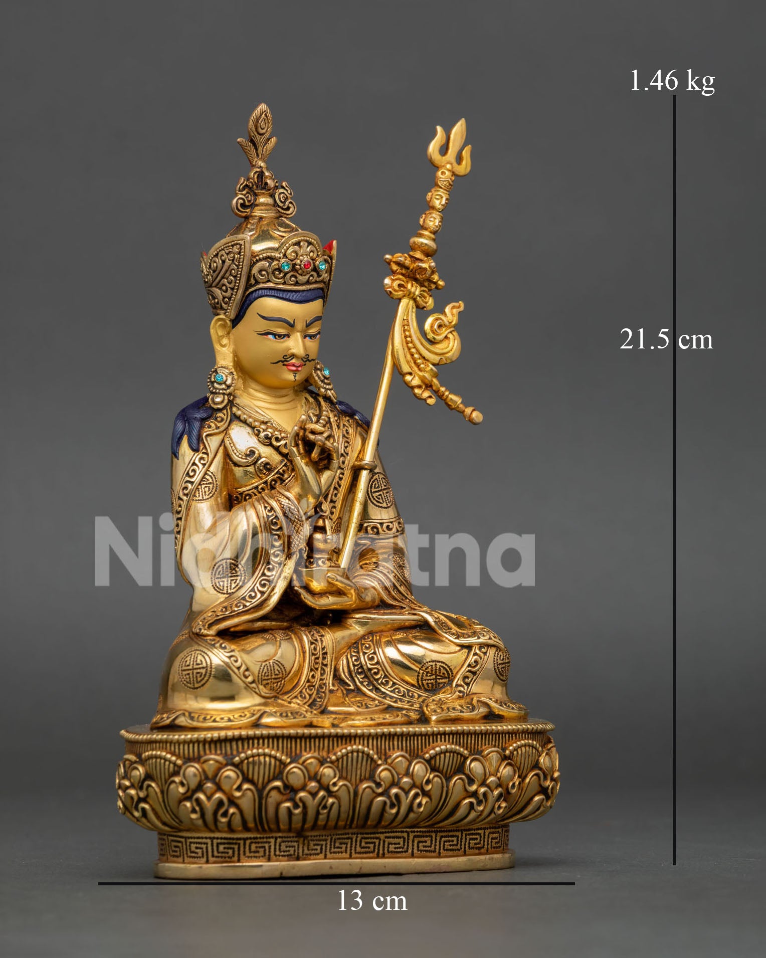 Sacred Guru Tsokye Dorje sculpture, seated on lotus pedestal showcasing fine Nepalese craftsmanship