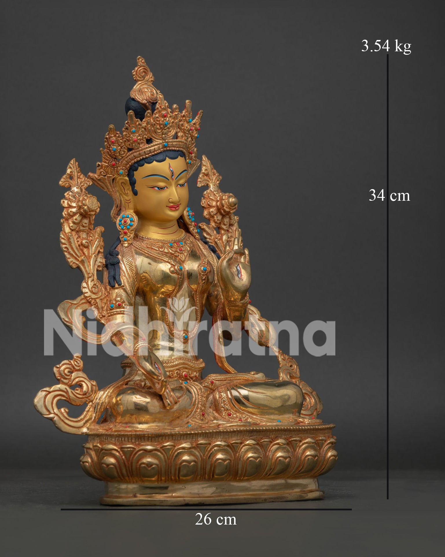 Sacred White Tara Statue with semi-precious stones seated on a lotus pedestal