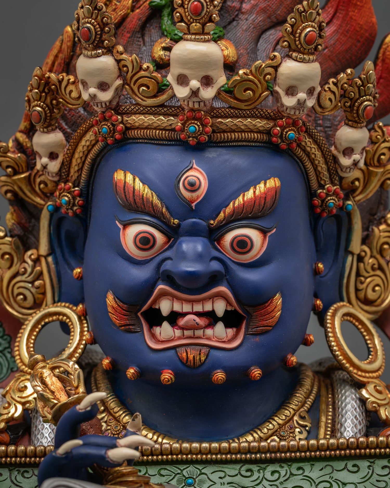 Sakya Mahakala Statue Face Close-Up – Wrathful Three-Eyed Expression Detail