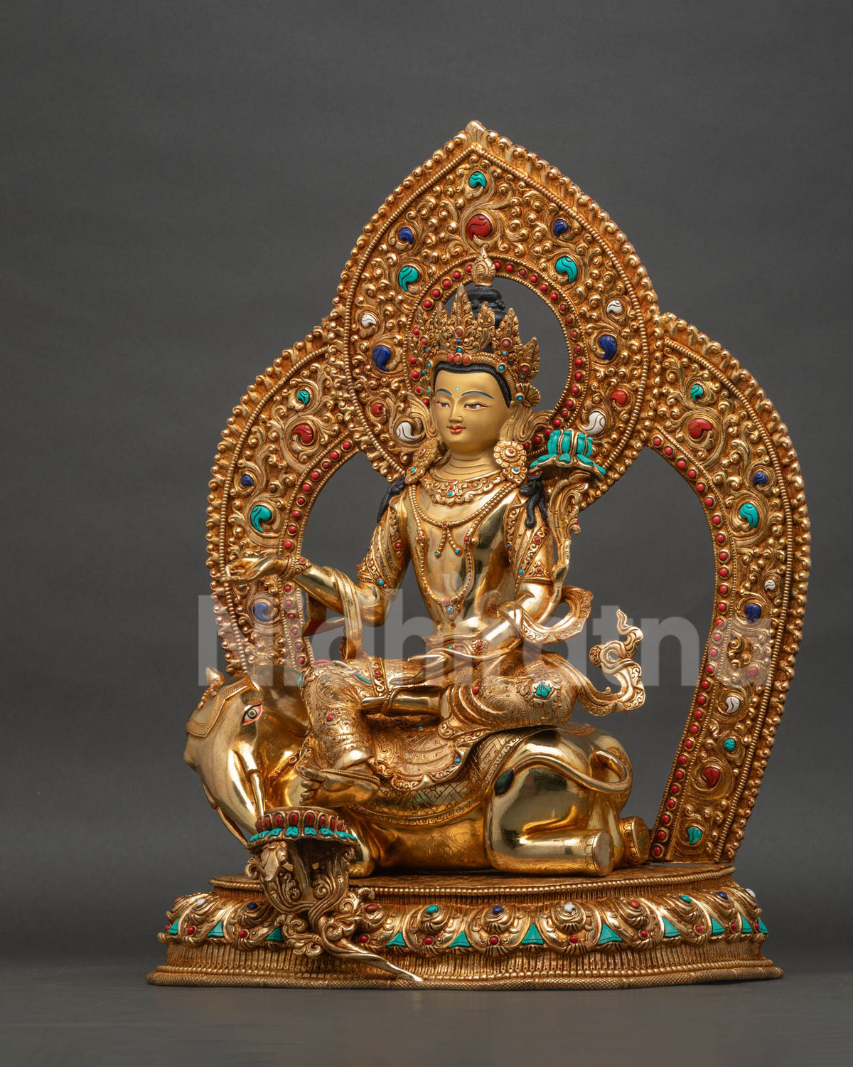 Samantabhadra statue left side view, gold fire-gilded copper artistry
