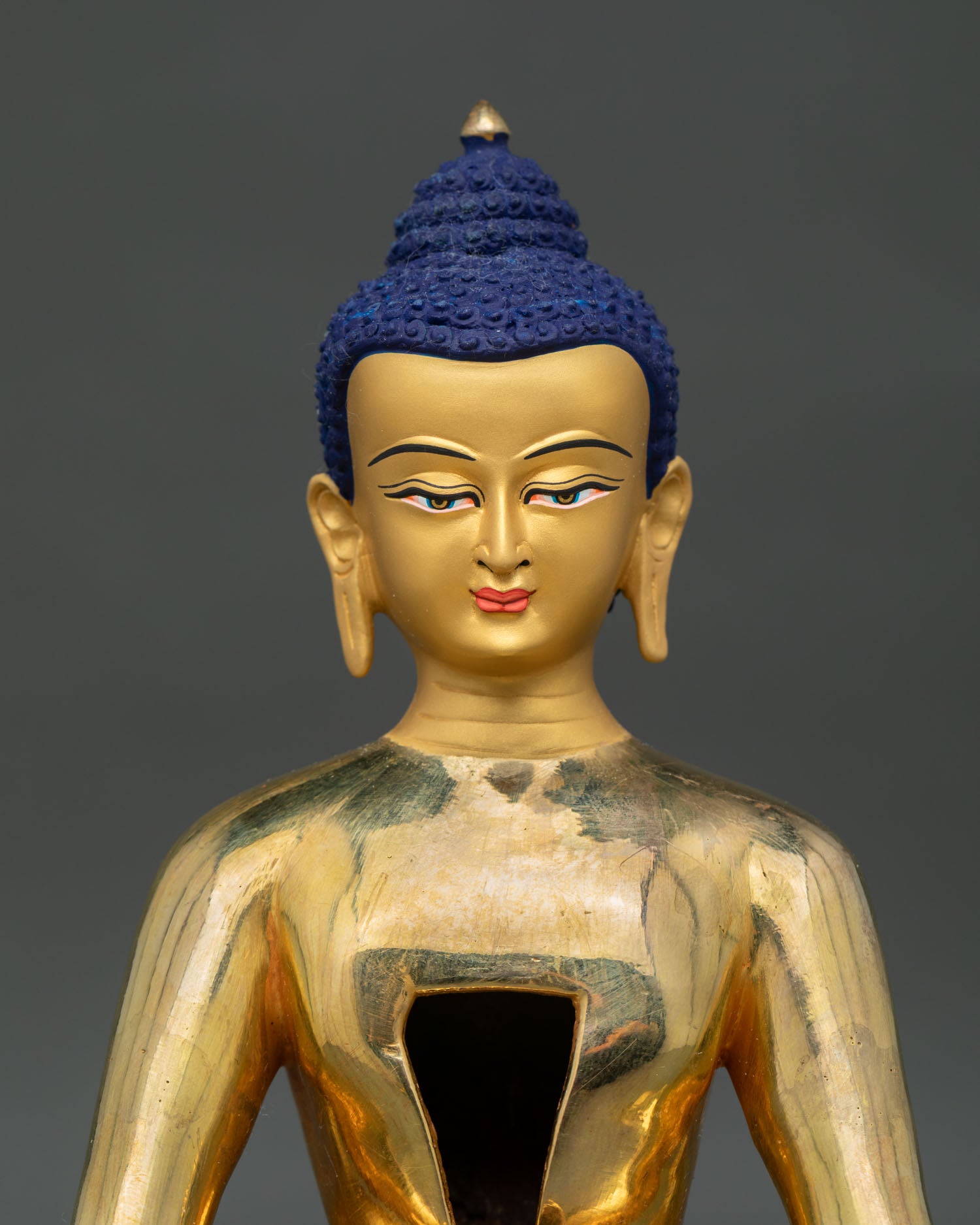 Samantabhadra Yab Yum Buddhist sculpture, featuring gold painted face and sacred union of wisdom and compassion