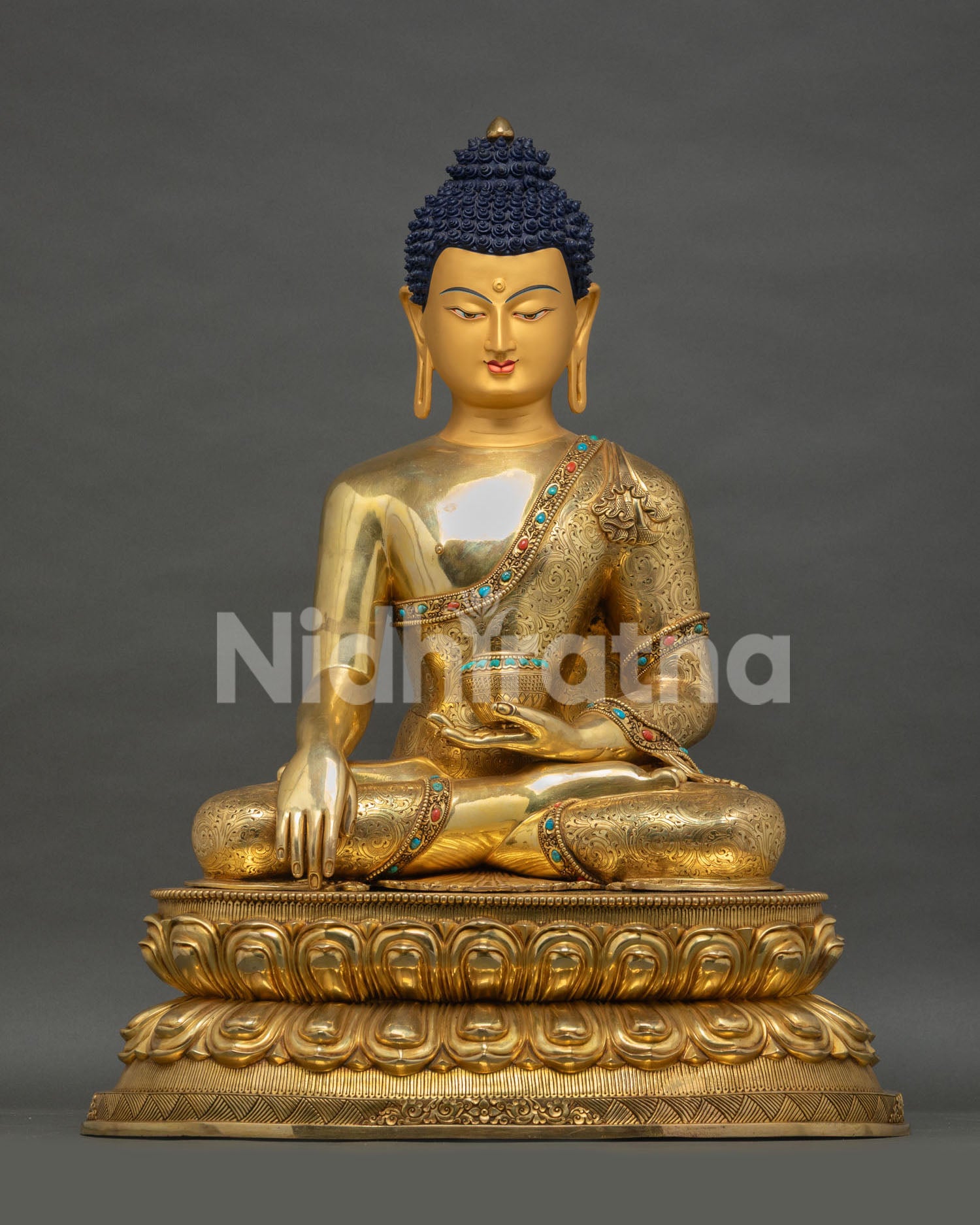 Seated Buddha Shakyamuni Statue front view in Bhumisparsa Mudra meditation pose