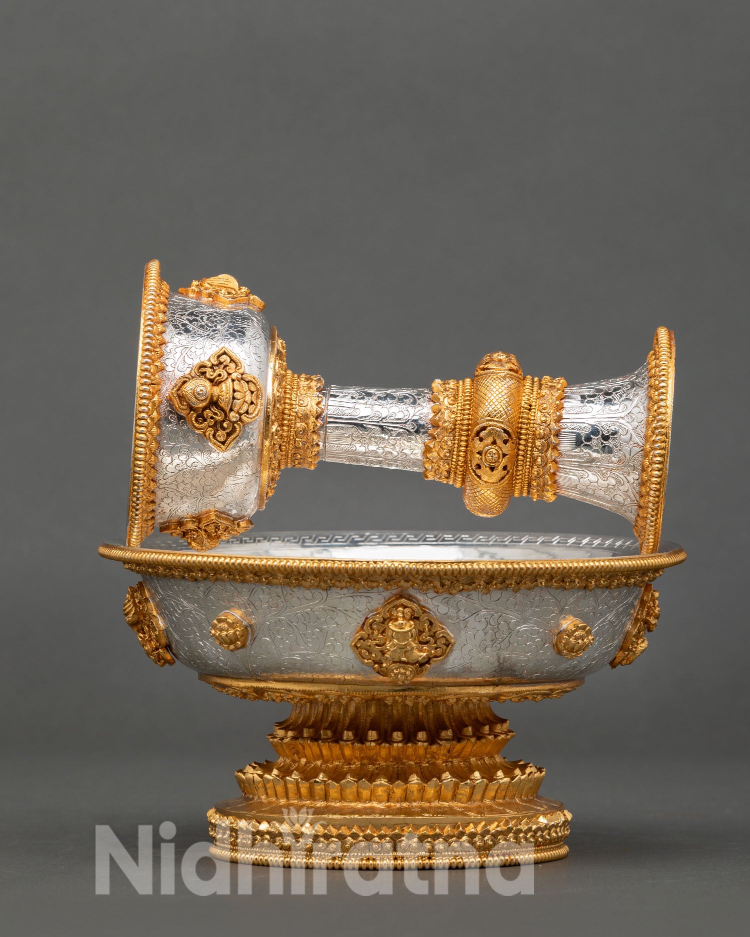 Serkyem ritual offering vessel engraved with auspicious Buddhist symbols