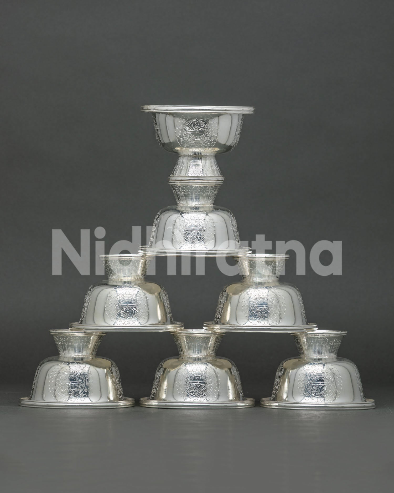 Set of Seven Silver Water Offering Bowls – Handcarved Tibetan Buddhist Altar Ritual Set Nepal
