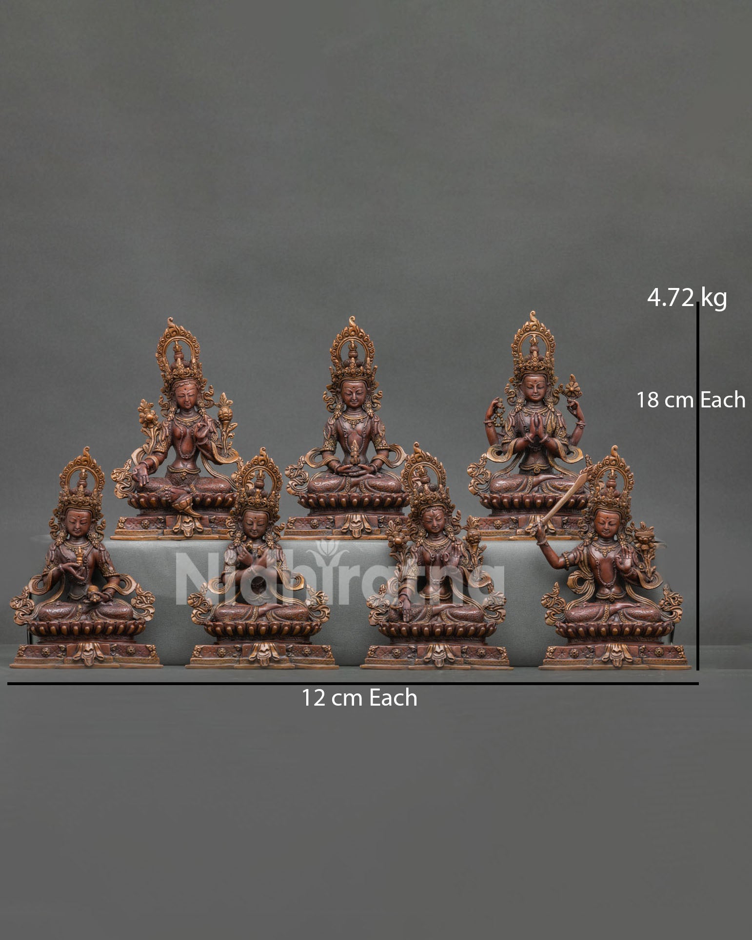 Seven Bodhisattva statue set front view handcrafted oxidized copper Buddhist figures