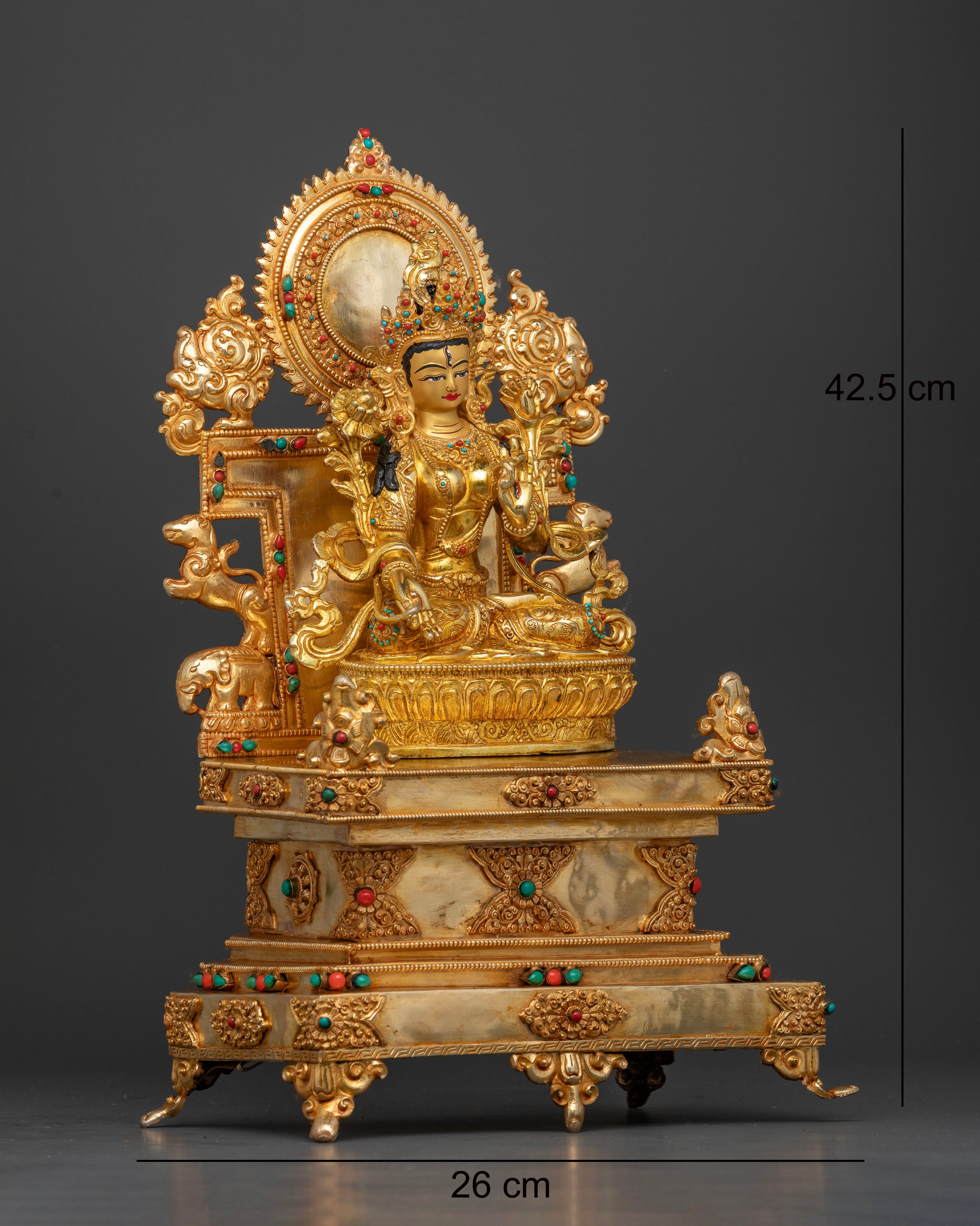 Seven eyed White Tara seated on lotus pedestal with ornate throne Nepalese statue