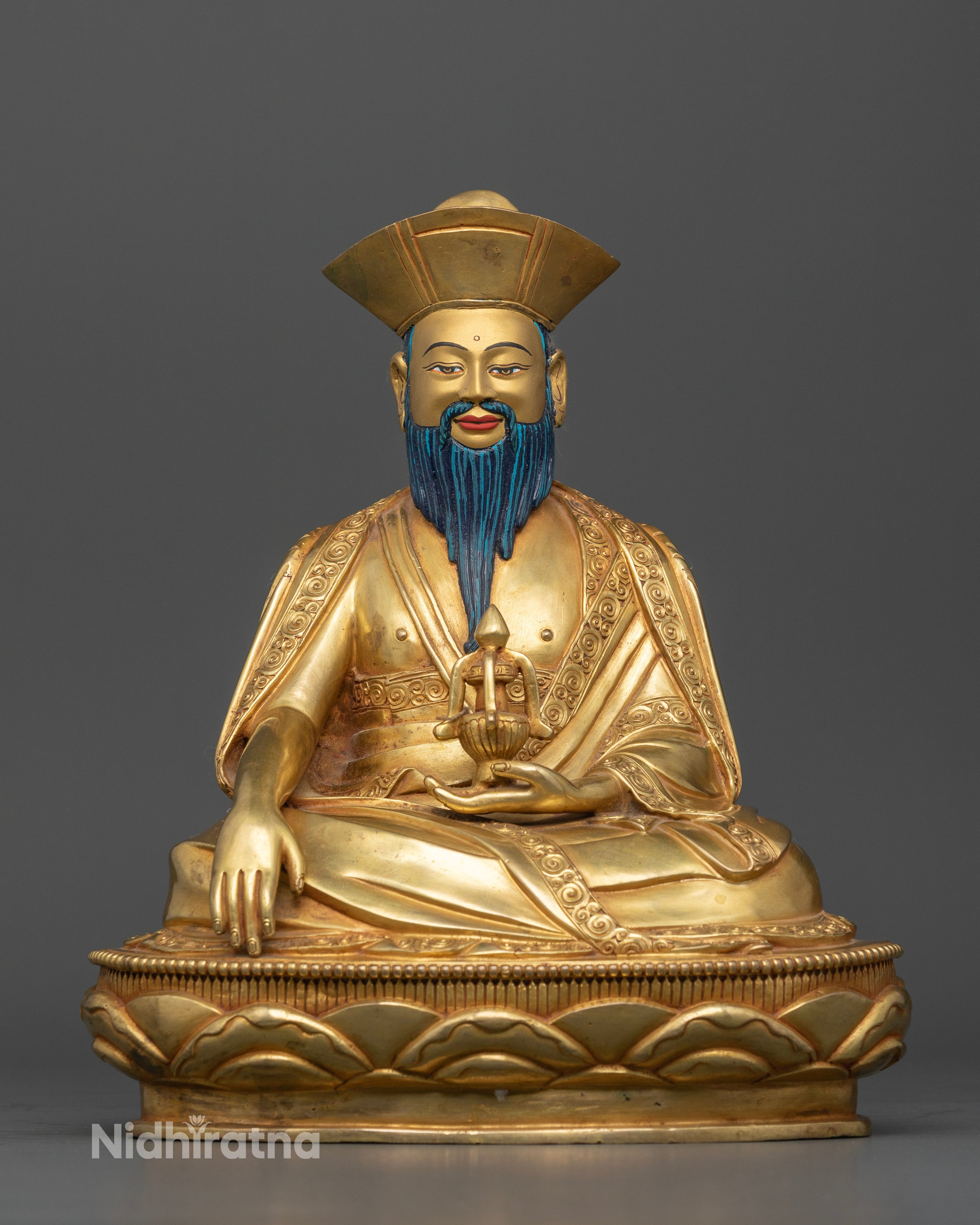 Shabdrung Rinpoche statue front view copper and 24K fire-gilded gold Buddhist sculpture Nepal