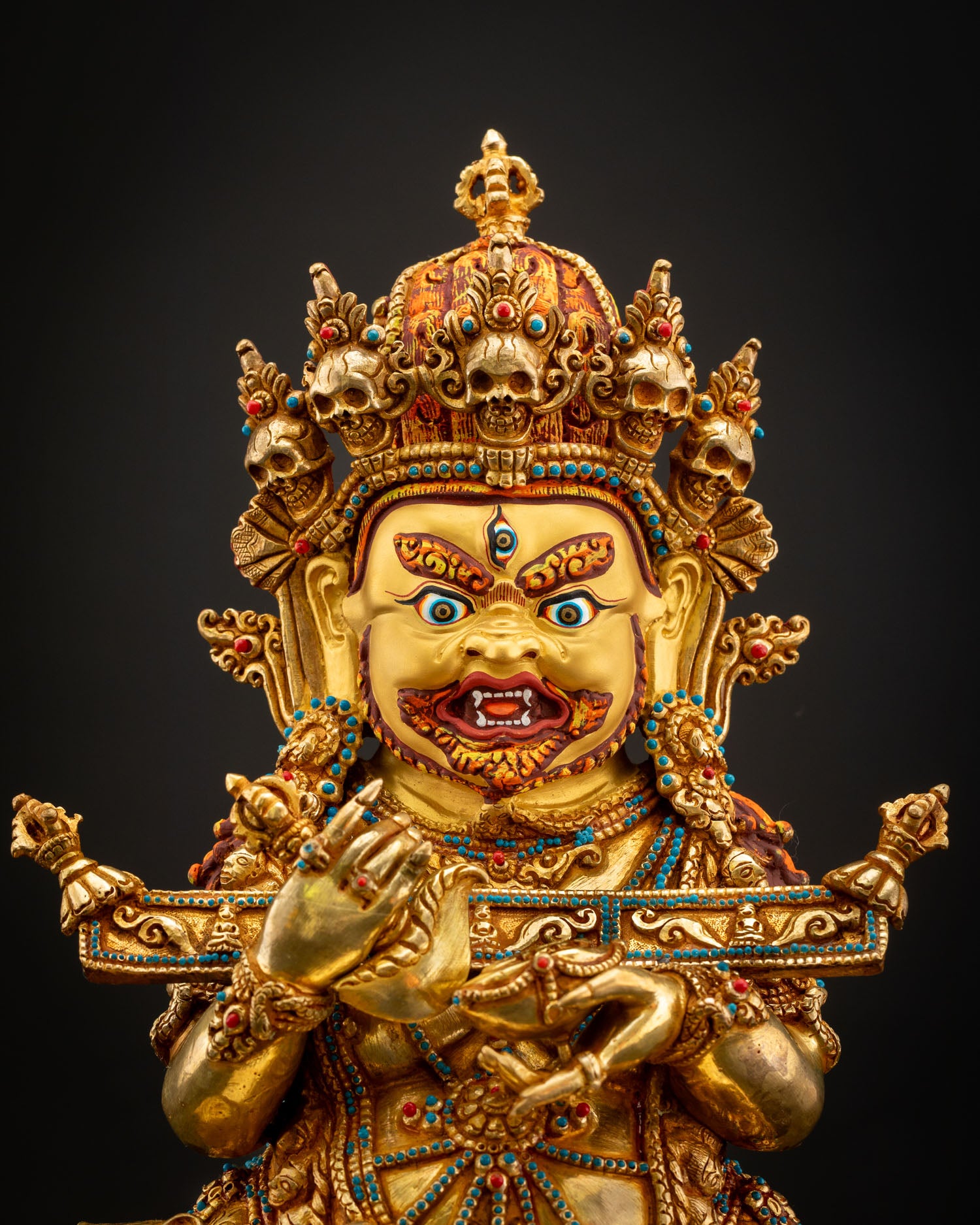 Shakya Mahakala, sacred wrathful protector statue copper gold gilded Vajrayana deity handmade Nepal altar decor sculpture