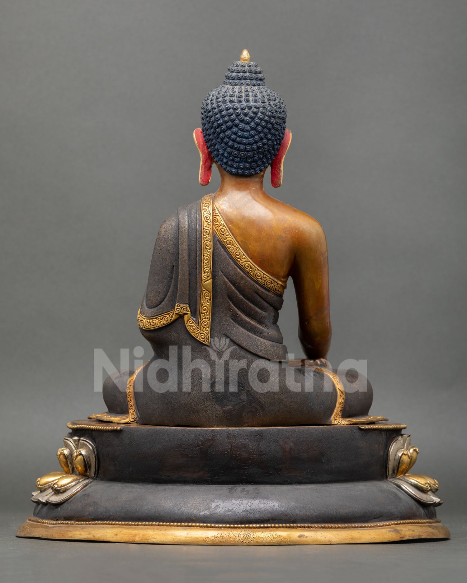 Shakyamuni Buddha Back View Copper Statue Gold Gilded Robe Details Sculpture