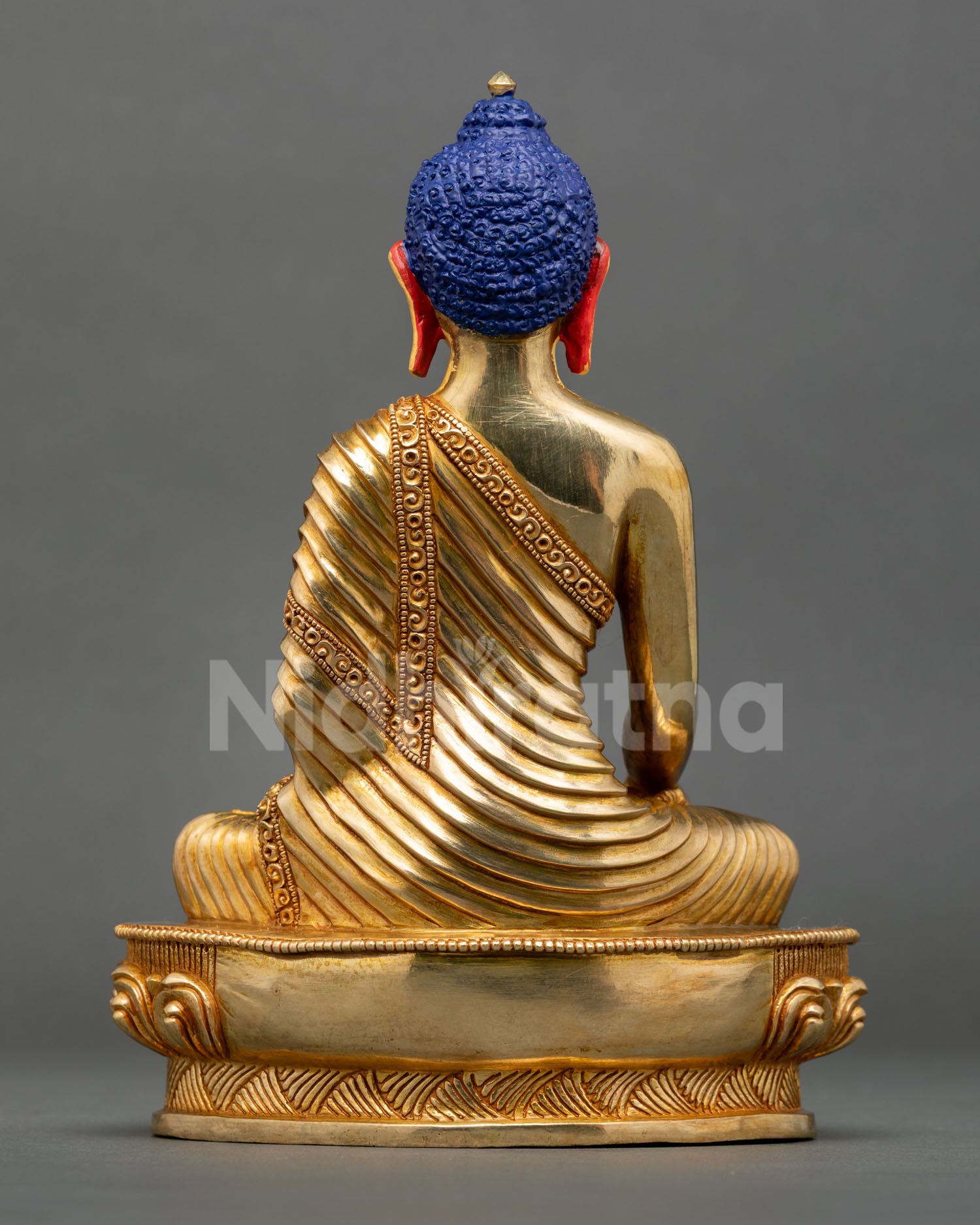 shakyamuni buddha back view detail lotus base copper gold gilded himalayan art
