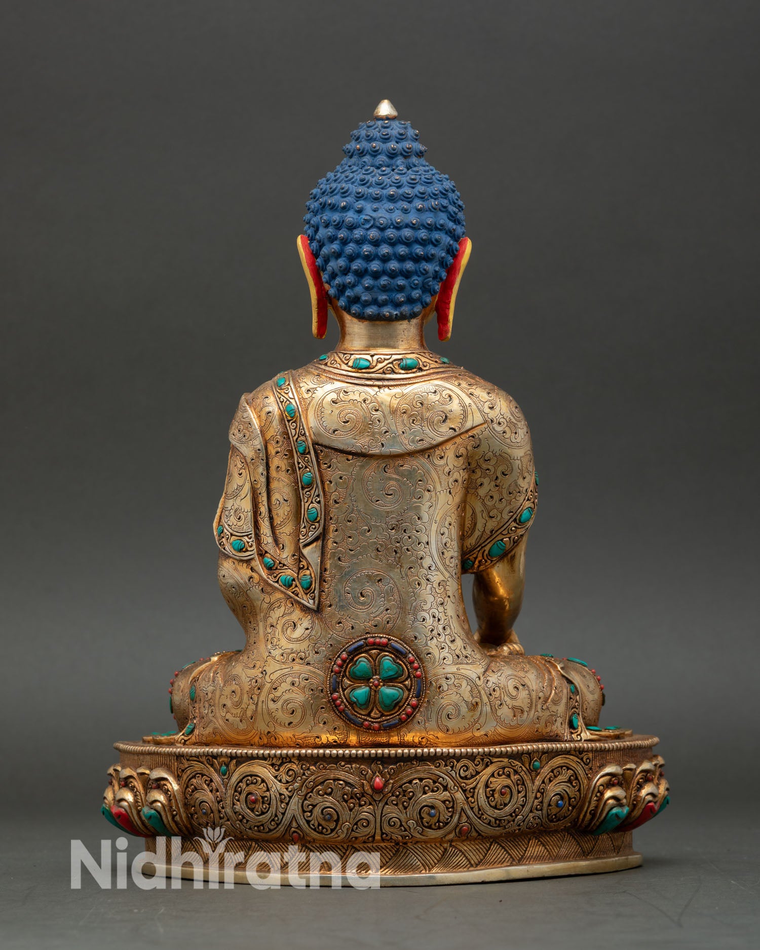 Shakyamuni Buddha back view handmade Nepal statue intricate robe carving lotus pedestal sacred Buddhist art altar decor spiritual presence
