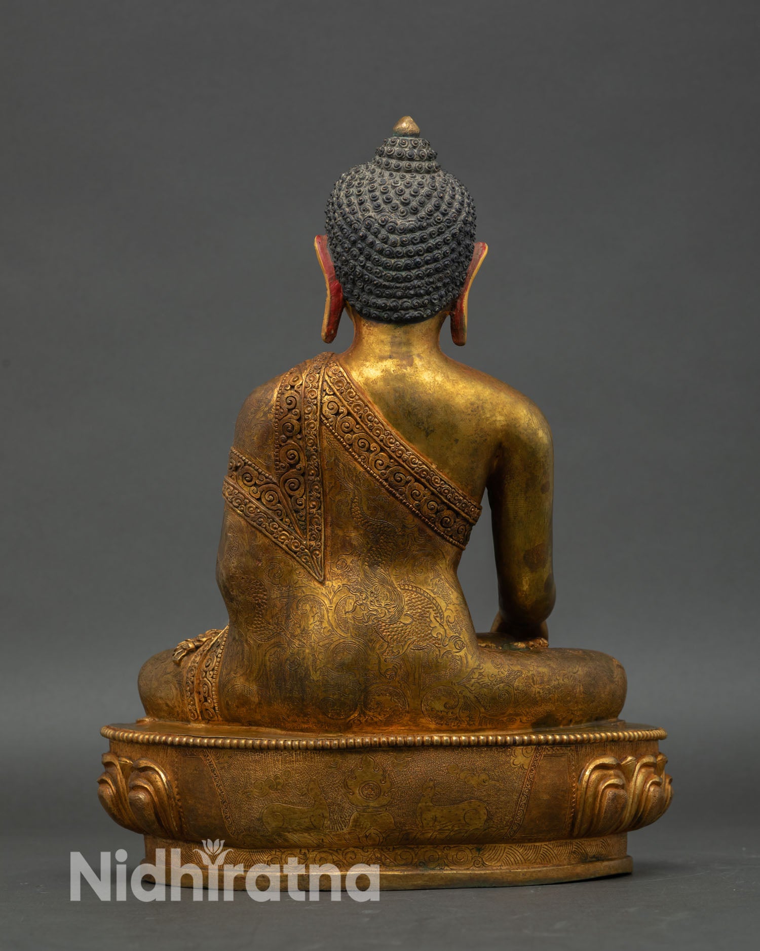 Shakyamuni Buddha back view seated on lotus throne oxidized copper antique style statue for meditation altar decor
