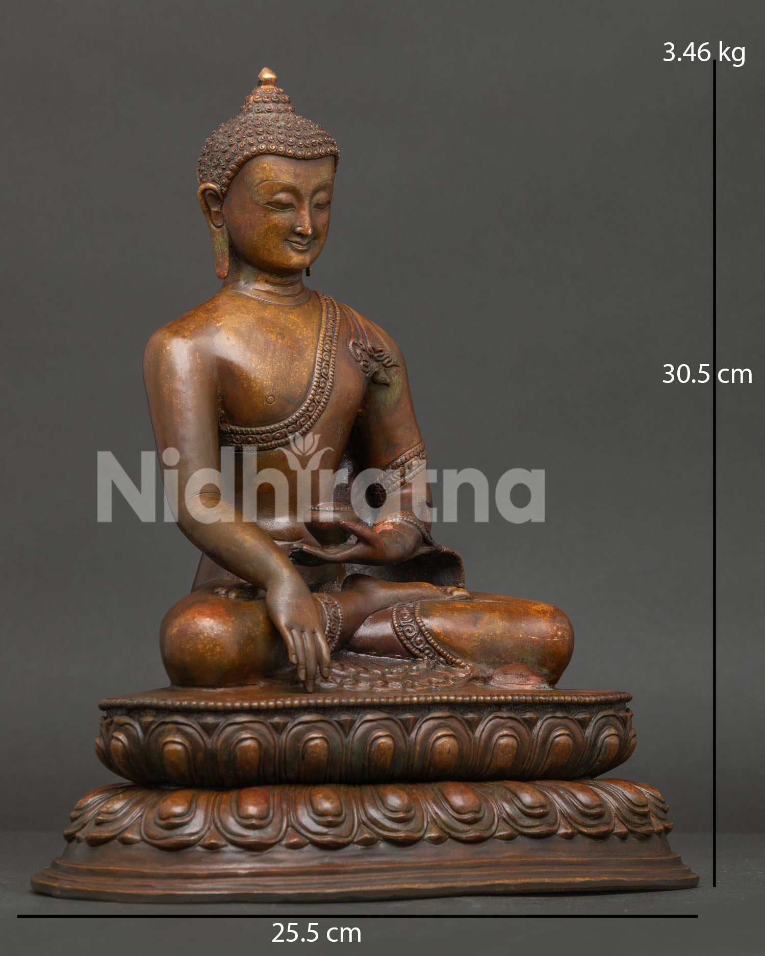 Shakyamuni Buddha Bhumisparsha Mudra holding begging bowl, handcrafted Himalayan Buddhist sculpture from Nepal.