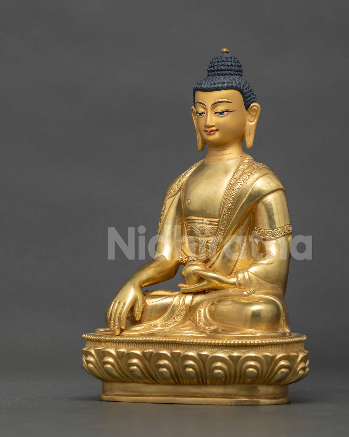 Shakyamuni Buddha Earth Touching Mudra begging bowl monastic robe.