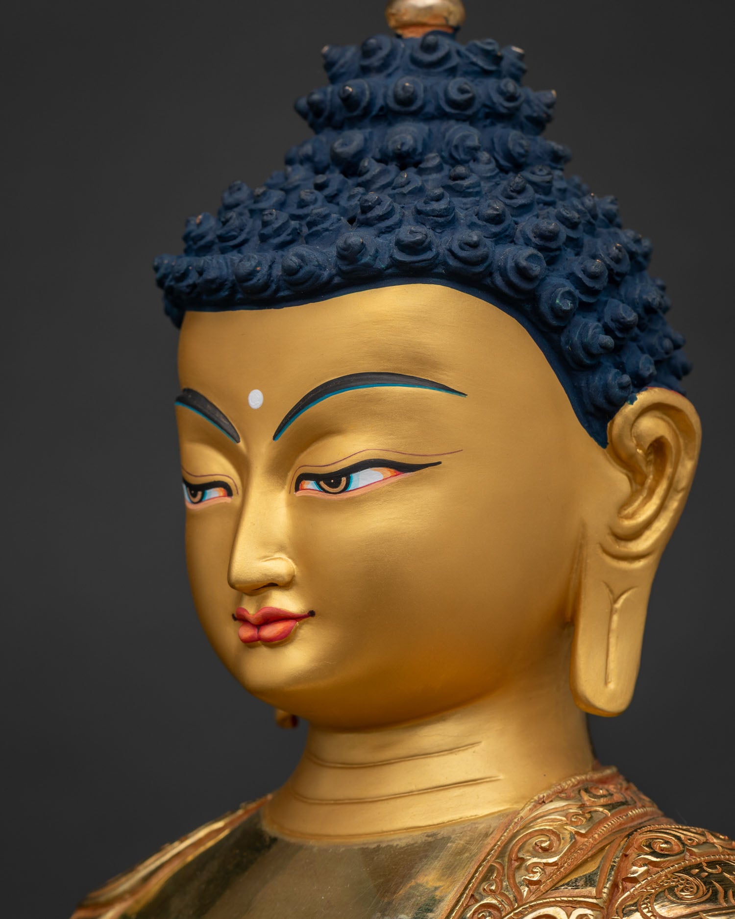 Shakyamuni Buddha Face Side Profile Closeup Gold Painted Newari Craftsmanship
