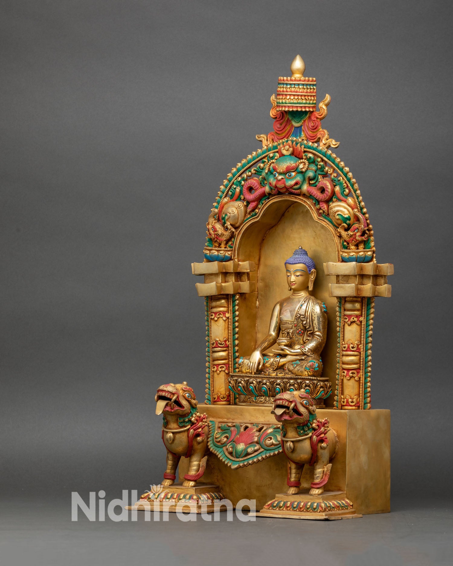 Shakyamuni Buddha left side view with lotus throne and decorative dragons