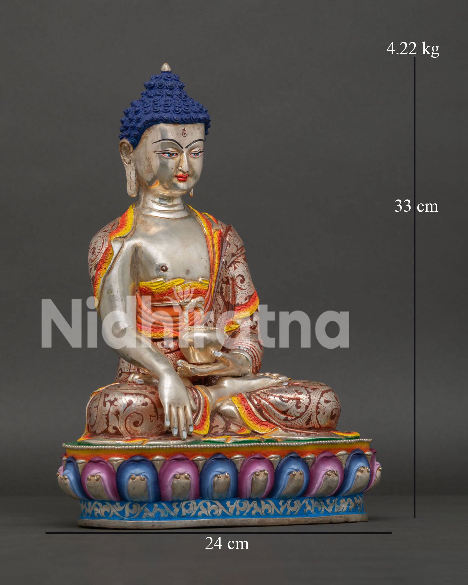 Shakyamuni Buddha meditation statue, seated on lotus pedestal with earth touching mudra and begging bowl