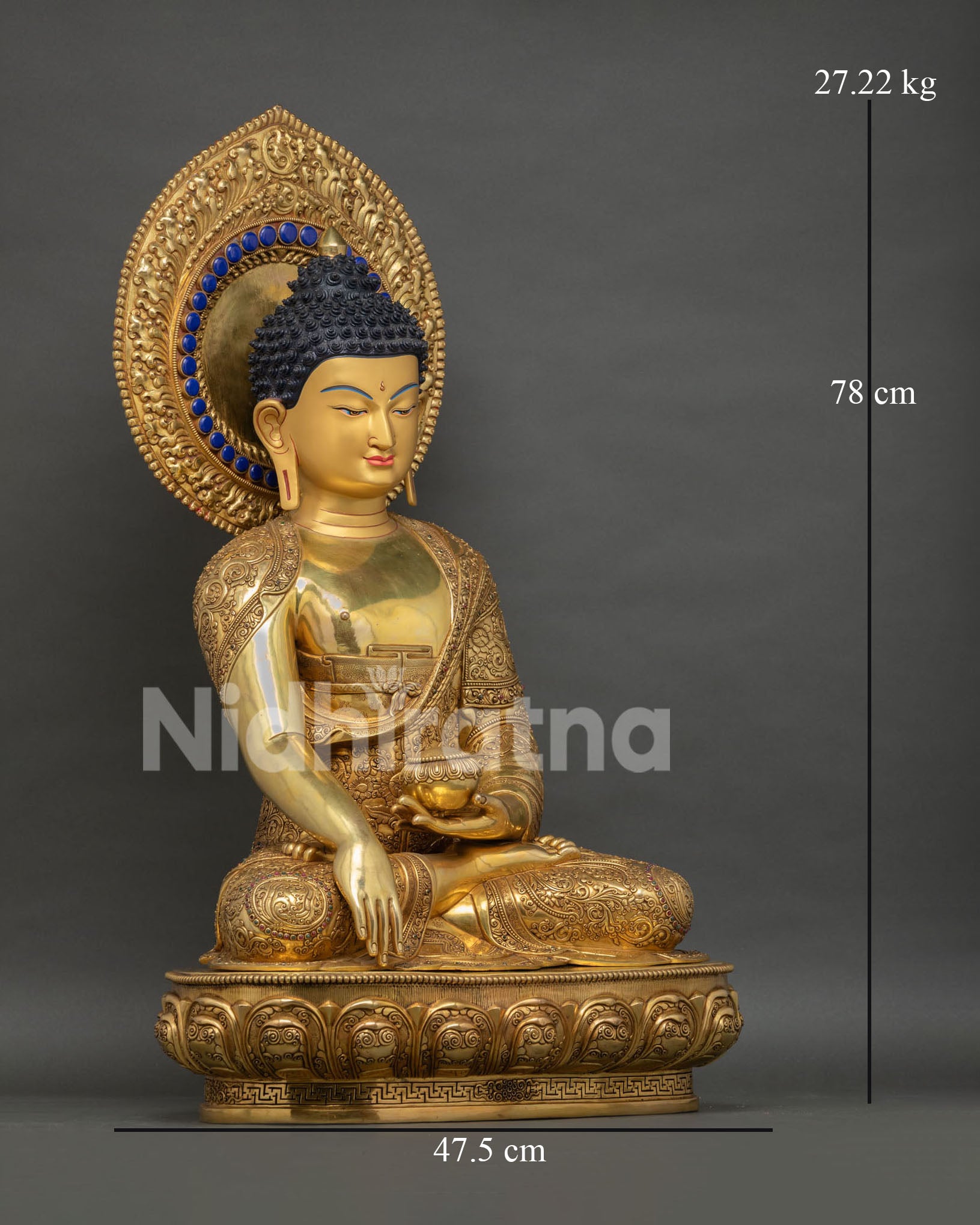Shakyamuni Buddha meditation statue with golden finish and hand mudra, side angle