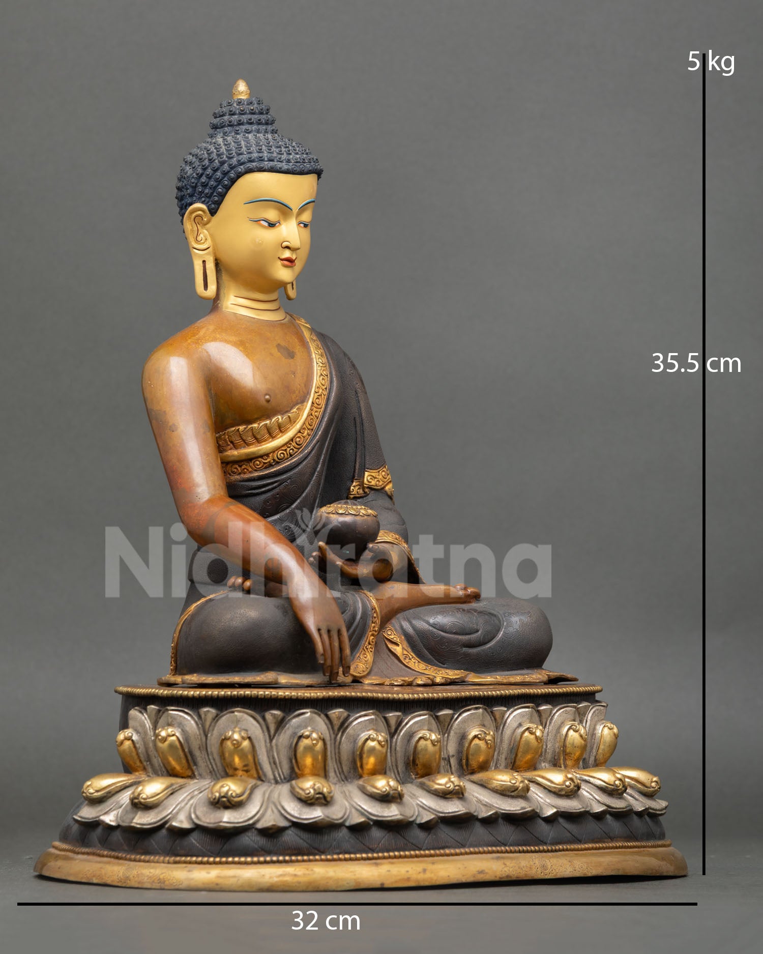 Shakyamuni Buddha Right View Side Holding Alms Bowl Silver Lotus Seat Statue