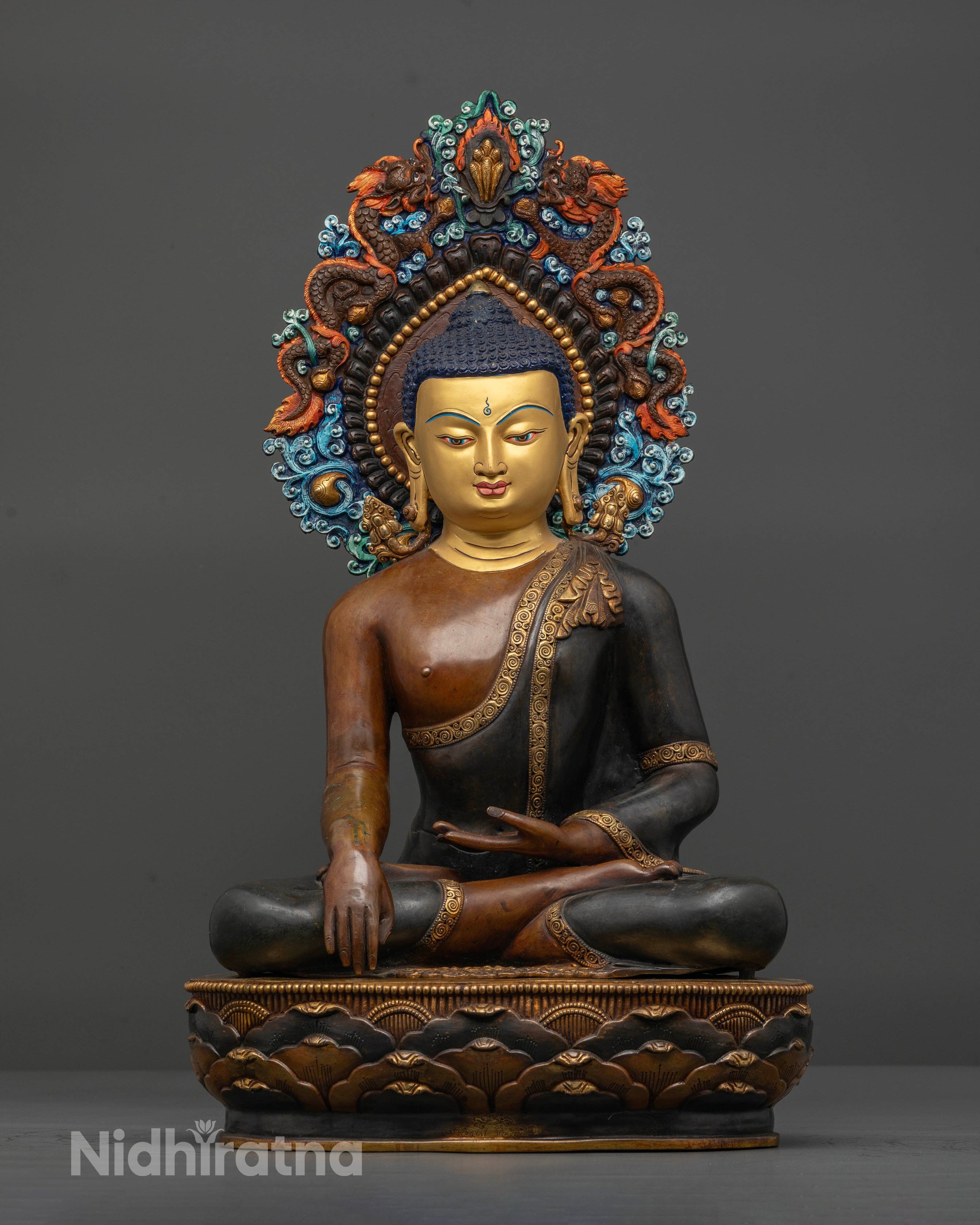 Shakyamuni Buddha seated on lotus pedestal in Earth Touching Mudra from Nepal
