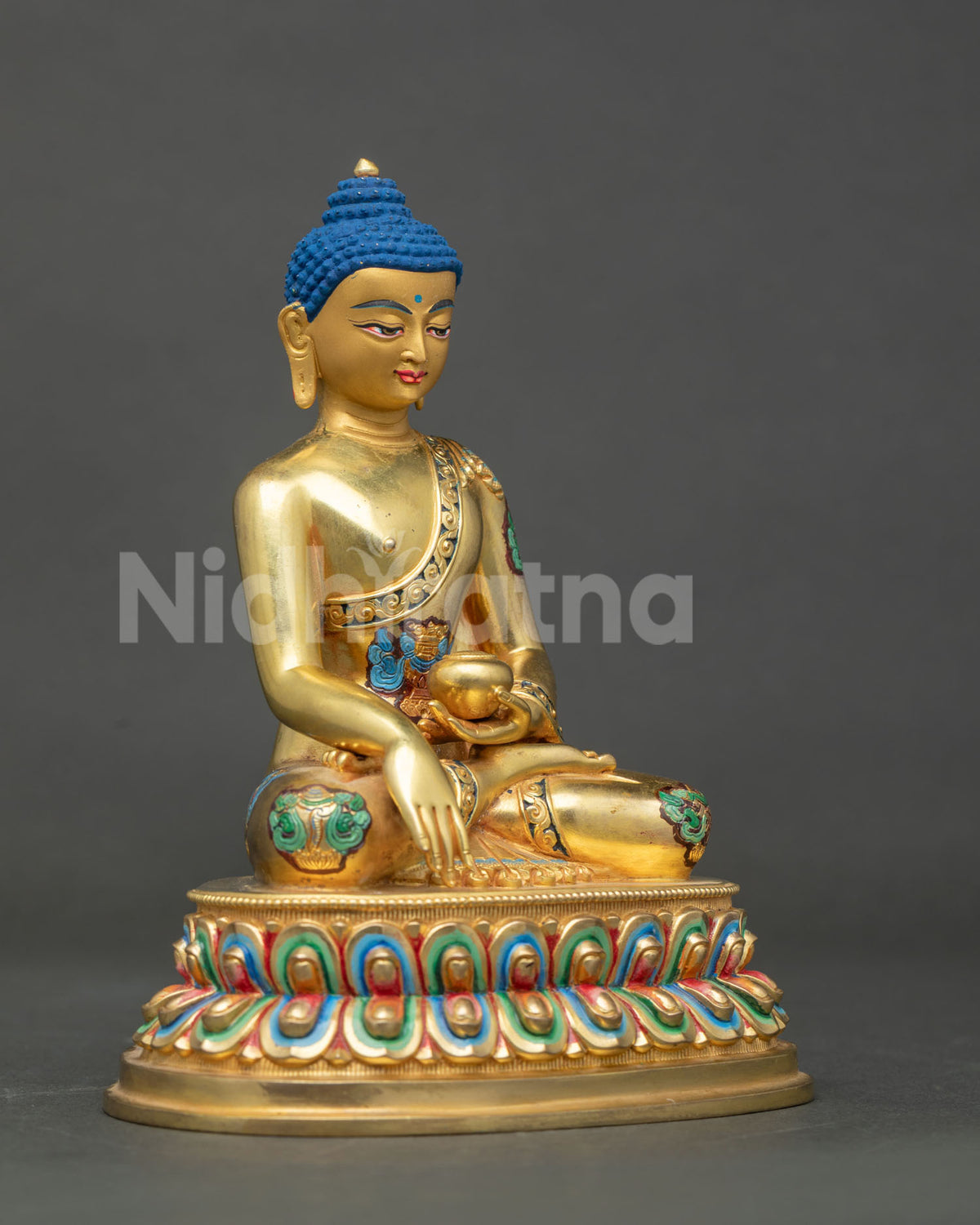 Shakyamuni Buddha seated on multicolor double lotus throne Bhumisparsha Mudra.
