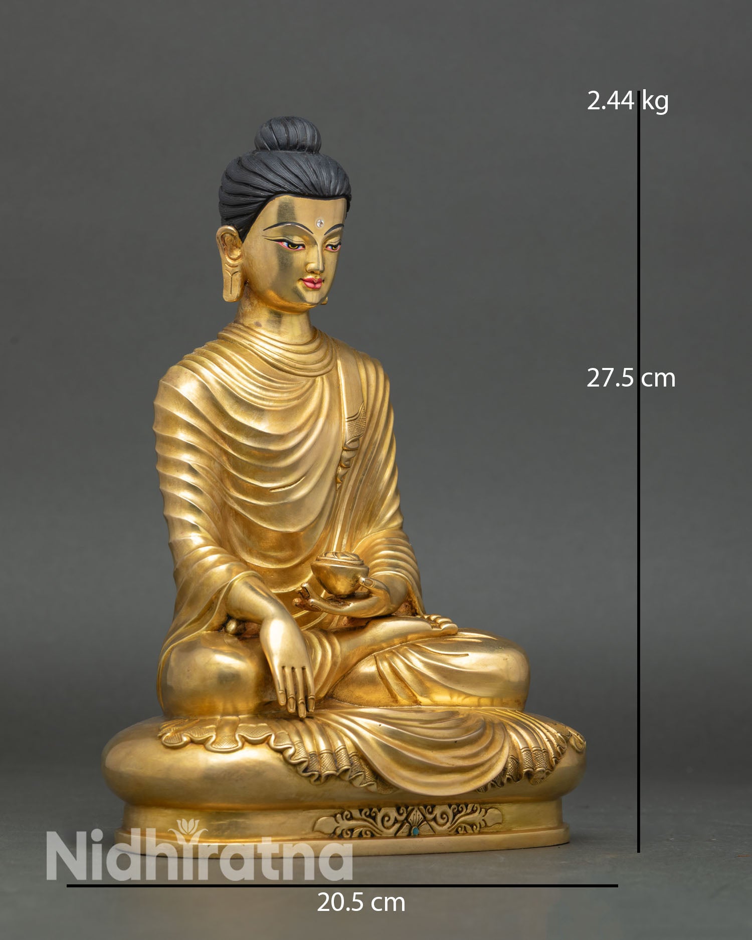 Shakyamuni Buddha showing detailed facial expression monastic robes carving and silk like texture with Himalayan craftsmanship