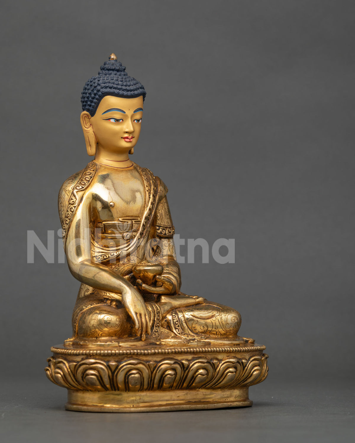 Shakyamuni Buddha statue 24K gold painted face monk robe begging bowl.